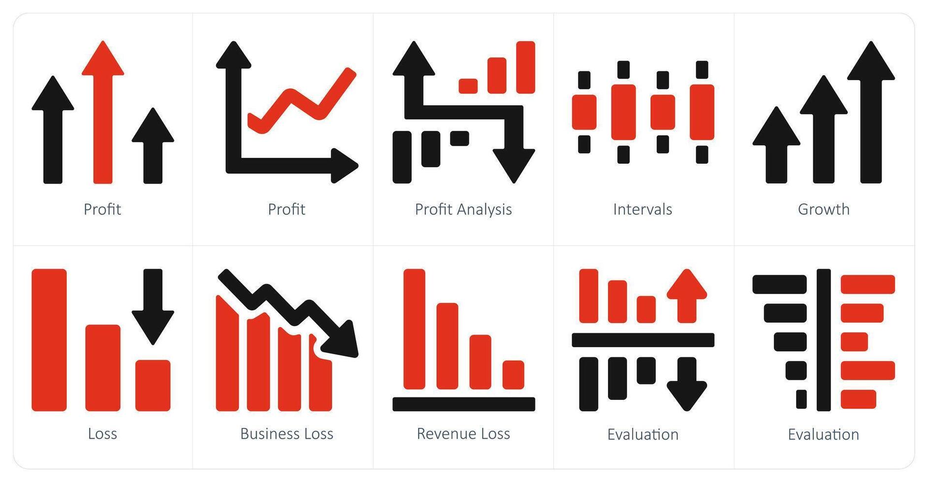 un conjunto de 10 diagrama y informes y informes íconos como ganancia, lucro análisis, intervalos vector