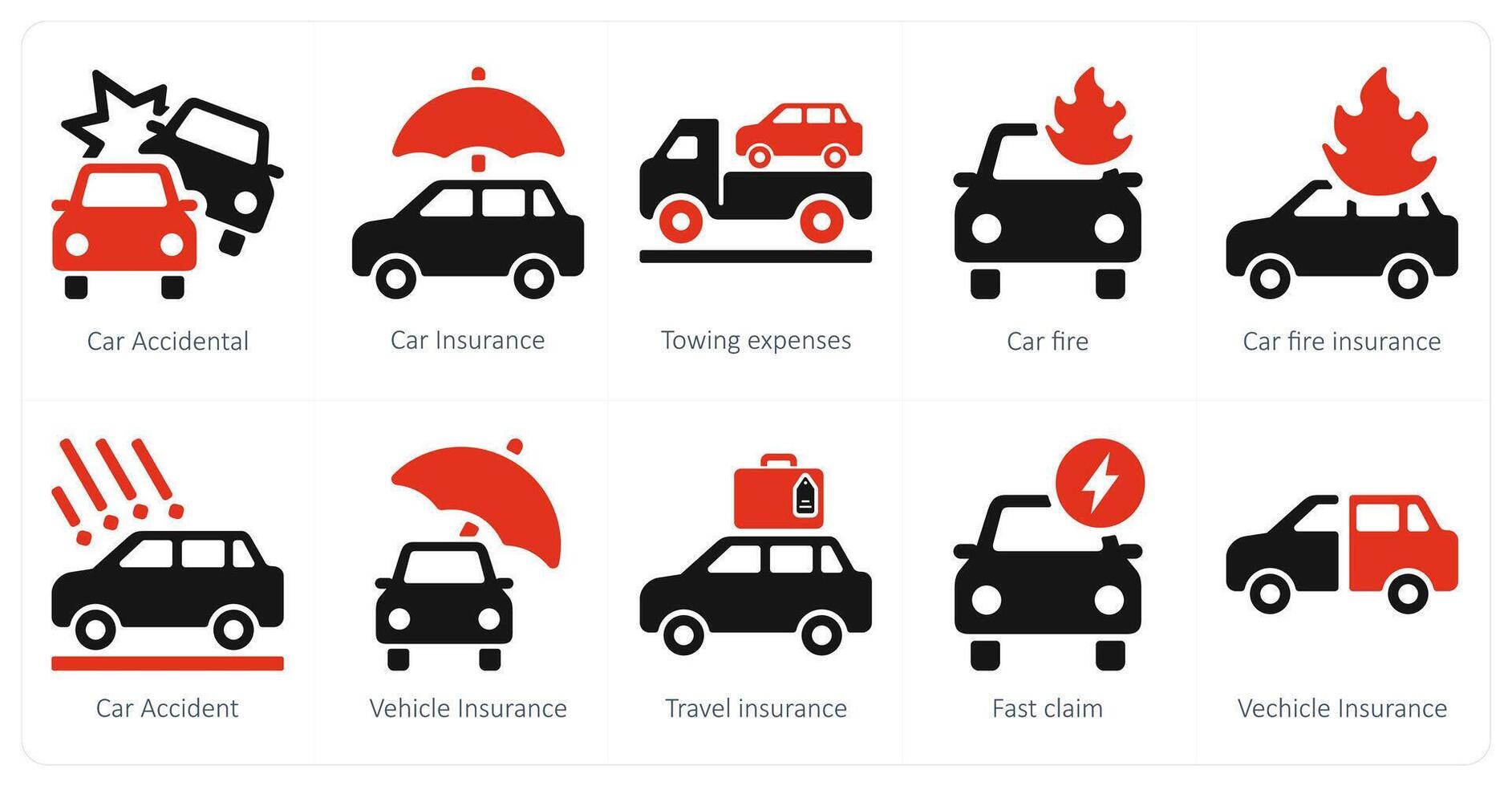 A set of 10 Insurance icons as car accidental, car insurance, towing insurance vector