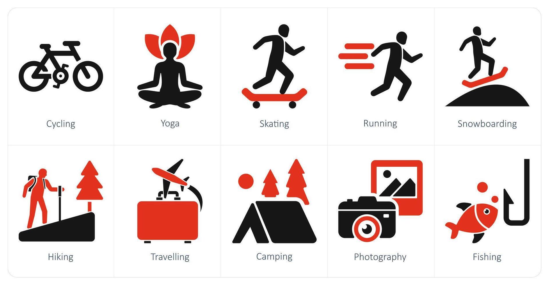 A set of 10 hobby icons as cycling, yoga, skating vector