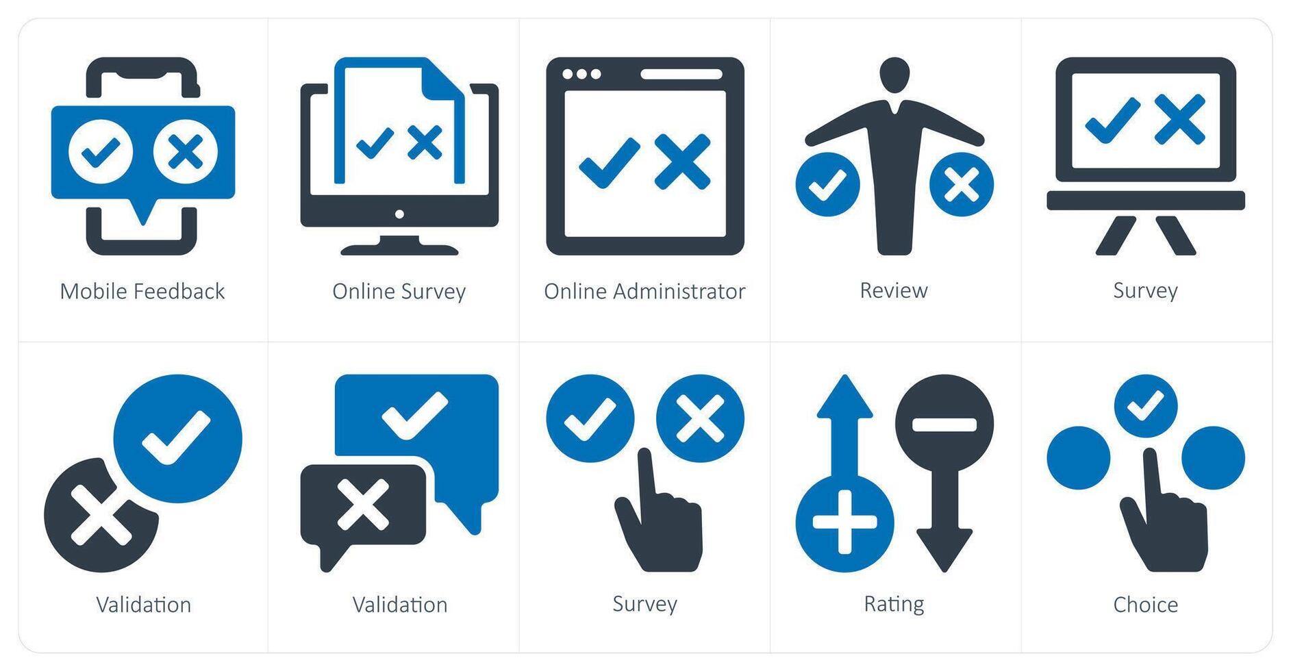 A set of 10 survey and ratings icons as mobile feedback, online survey, online administrator vector