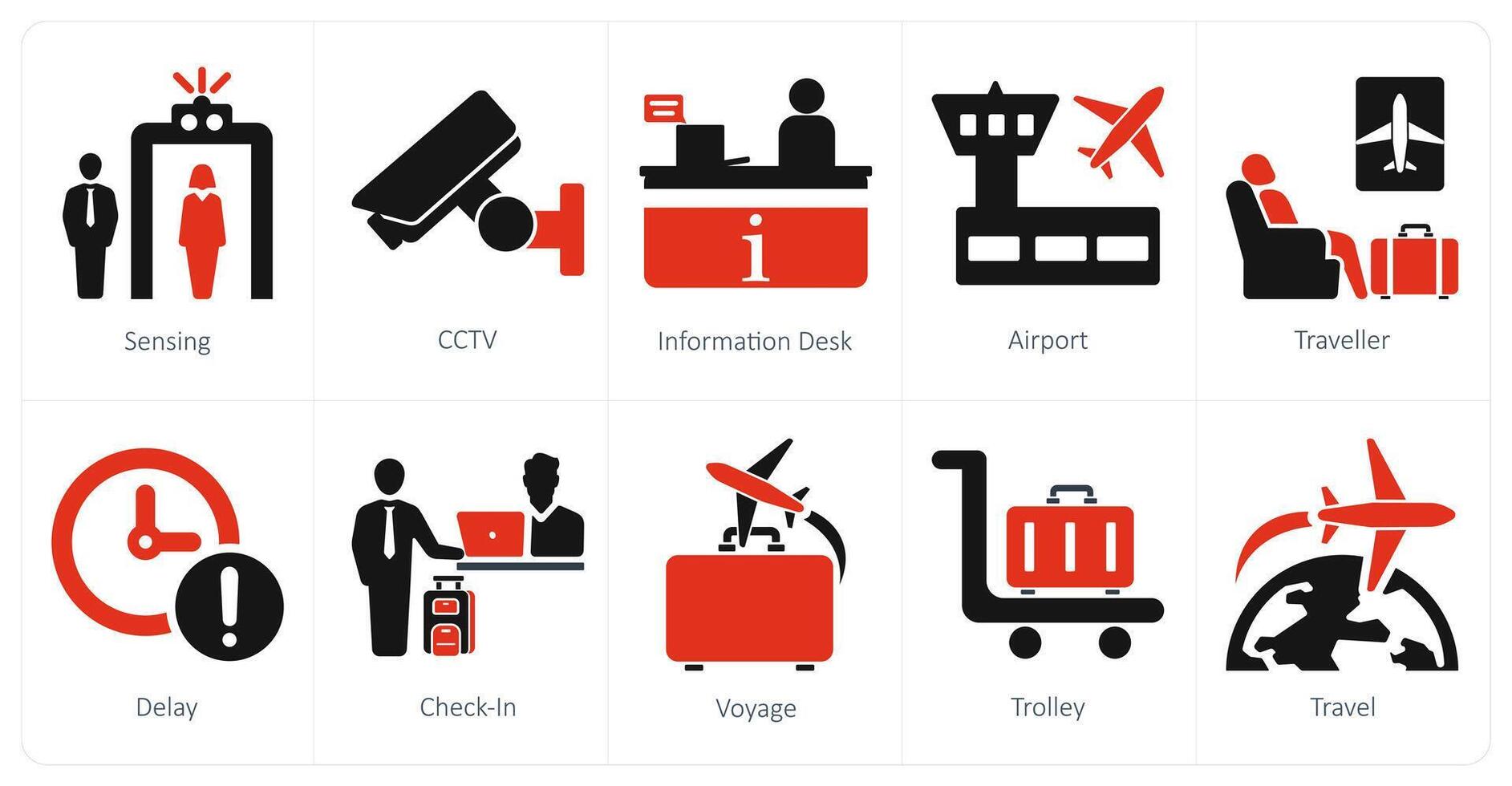 A set of 10 airport icons as sensing, cctv, information desk vector