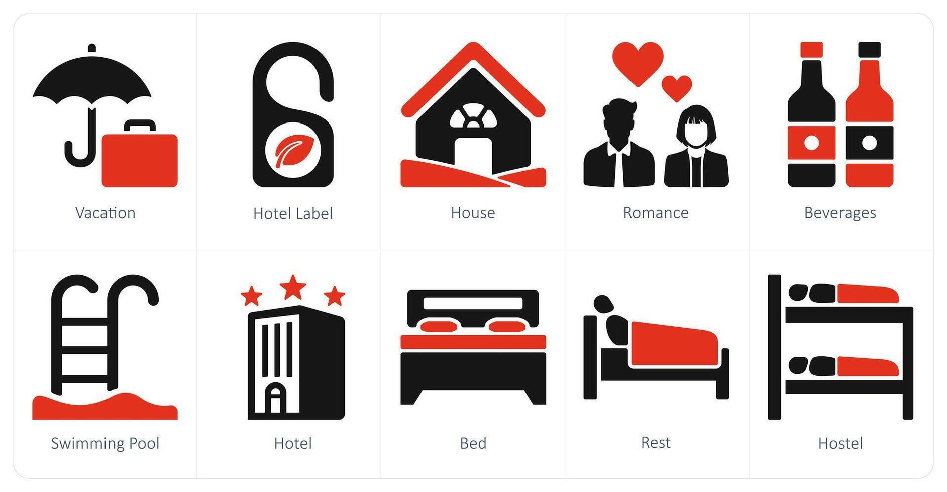 A set of 10 Travel and vacation icons as vacation, hotel label, house vector