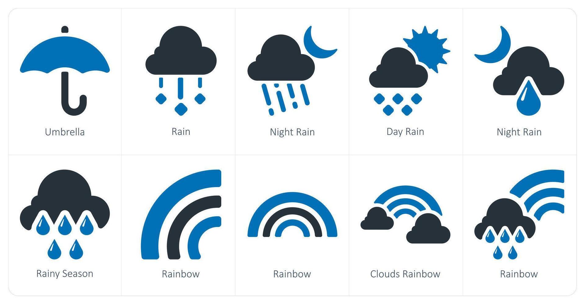 A set of 10 Weather icons as umbrella, rain, night rain vector