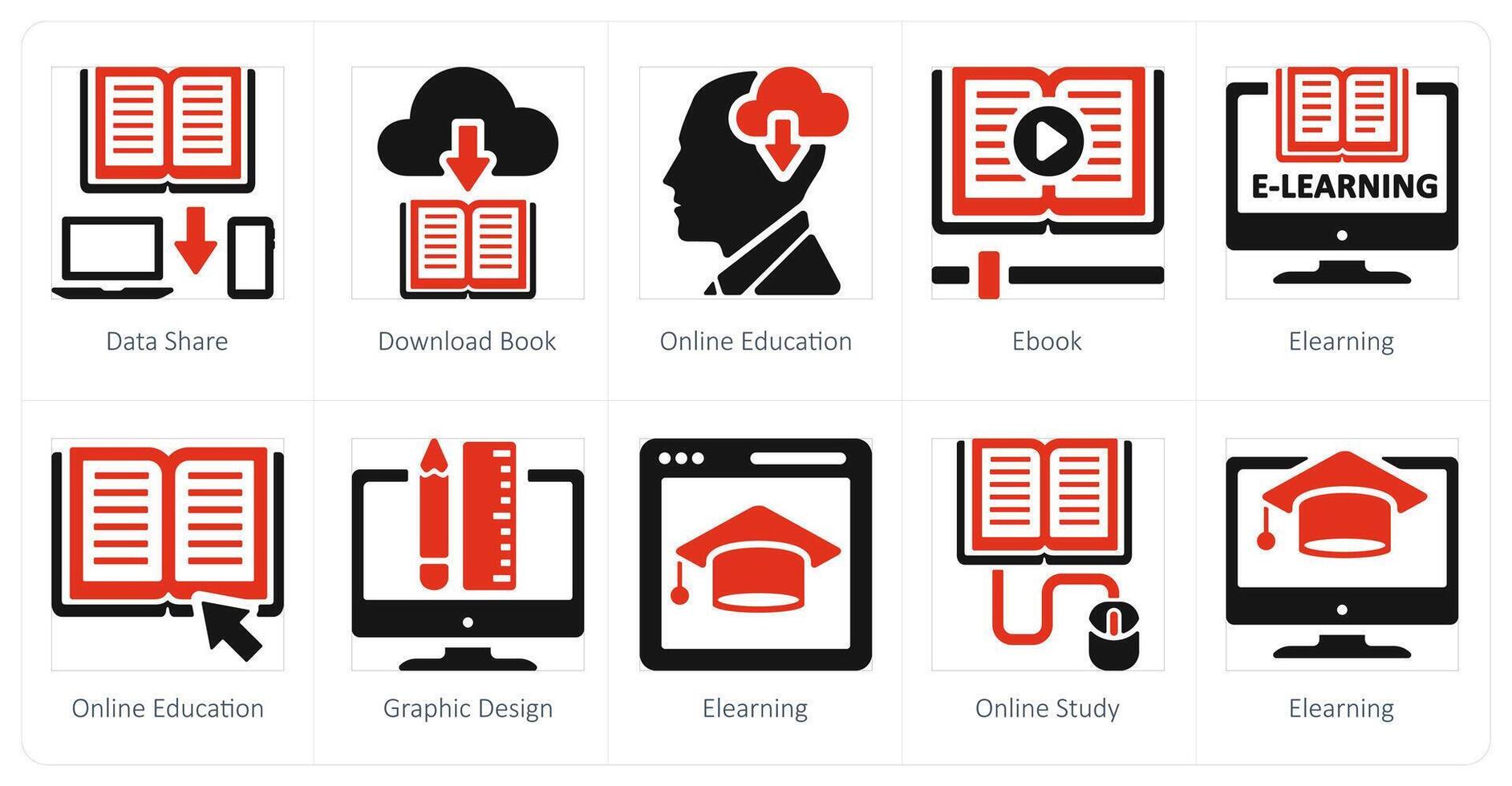 A set of 10 online education icons as data share, download book, onlineeducation vector