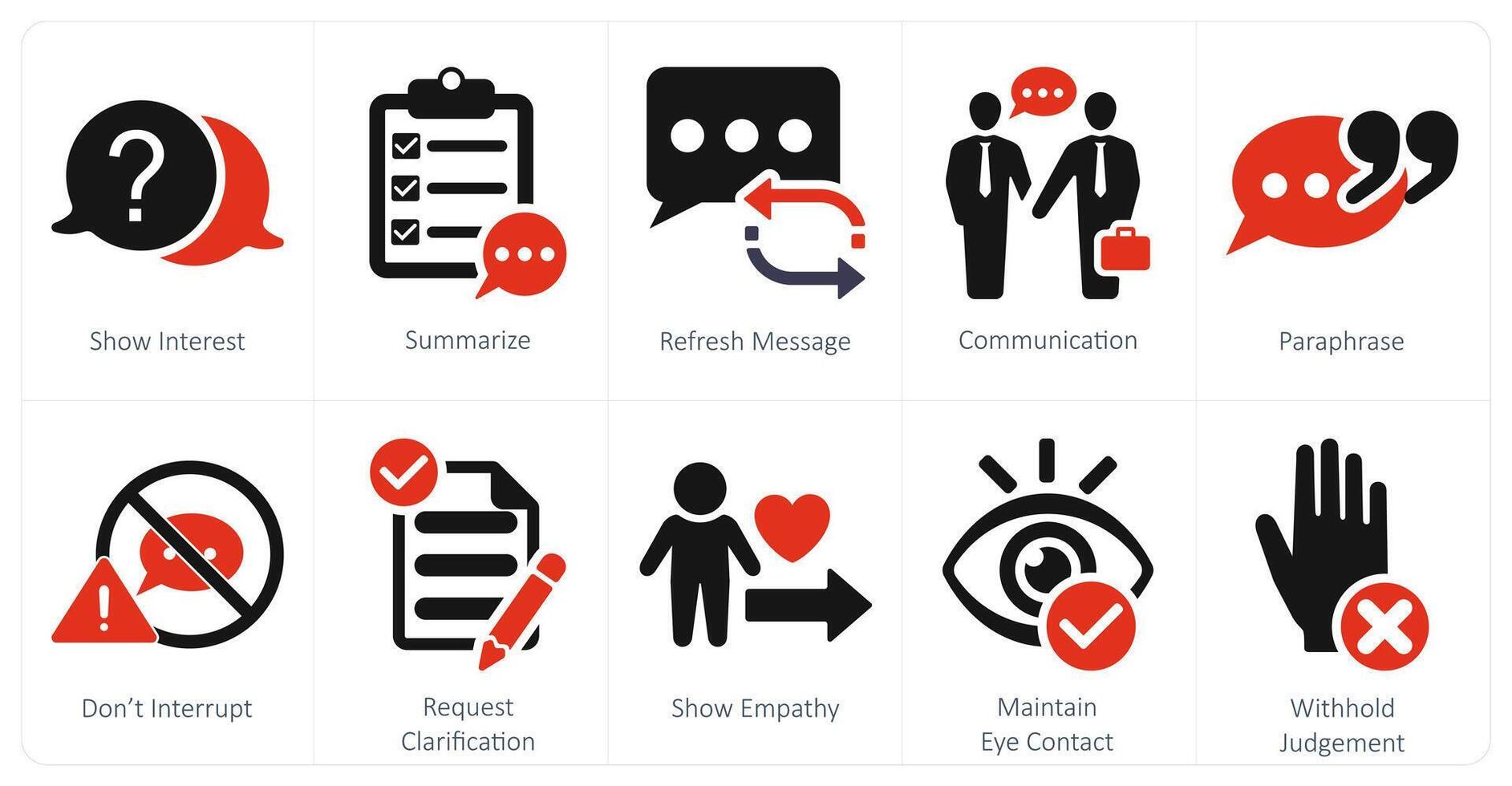 A set of 10 active listening icons as show interest, summarize, refresh message vector