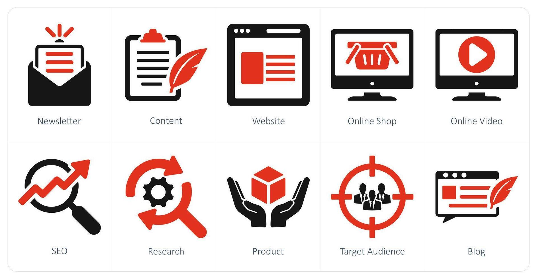 un conjunto de 10 digital márketing íconos como Boletin informativo, contenido, sitio web vector