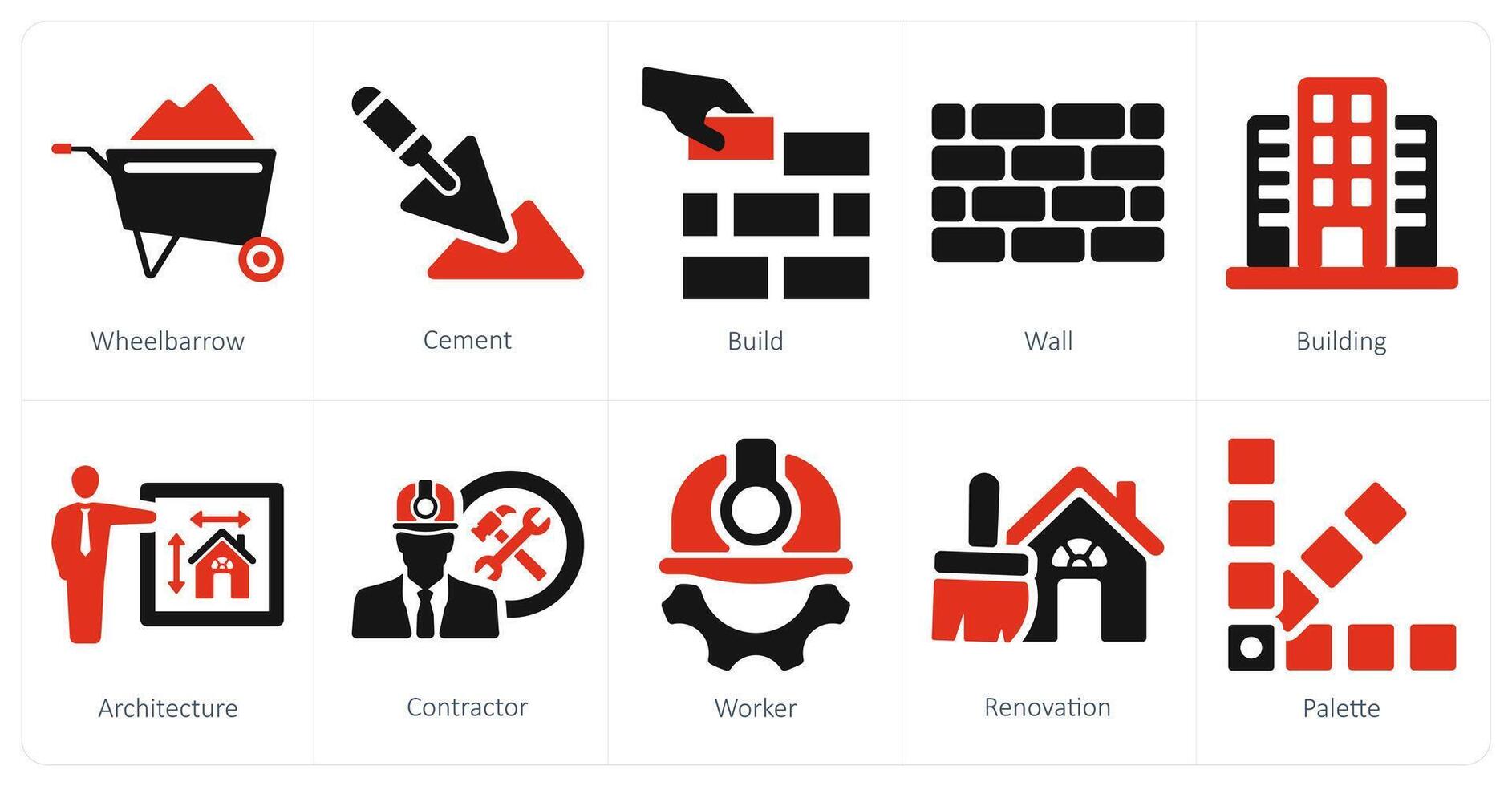 A set of 10 build icons as wheel barrow, cement, build vector
