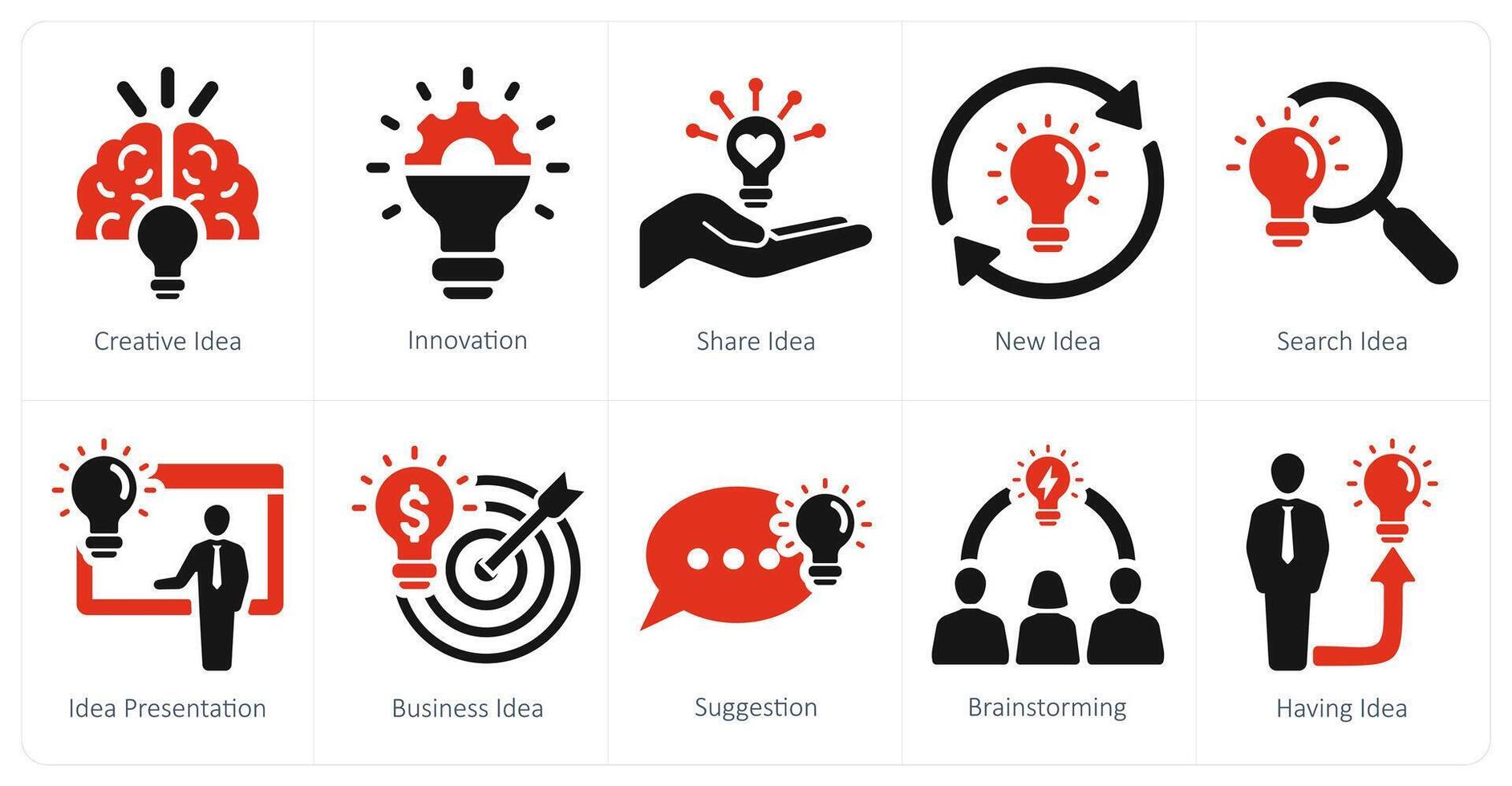A set of 10 idea icons as creative idea, innovation, share idea vector