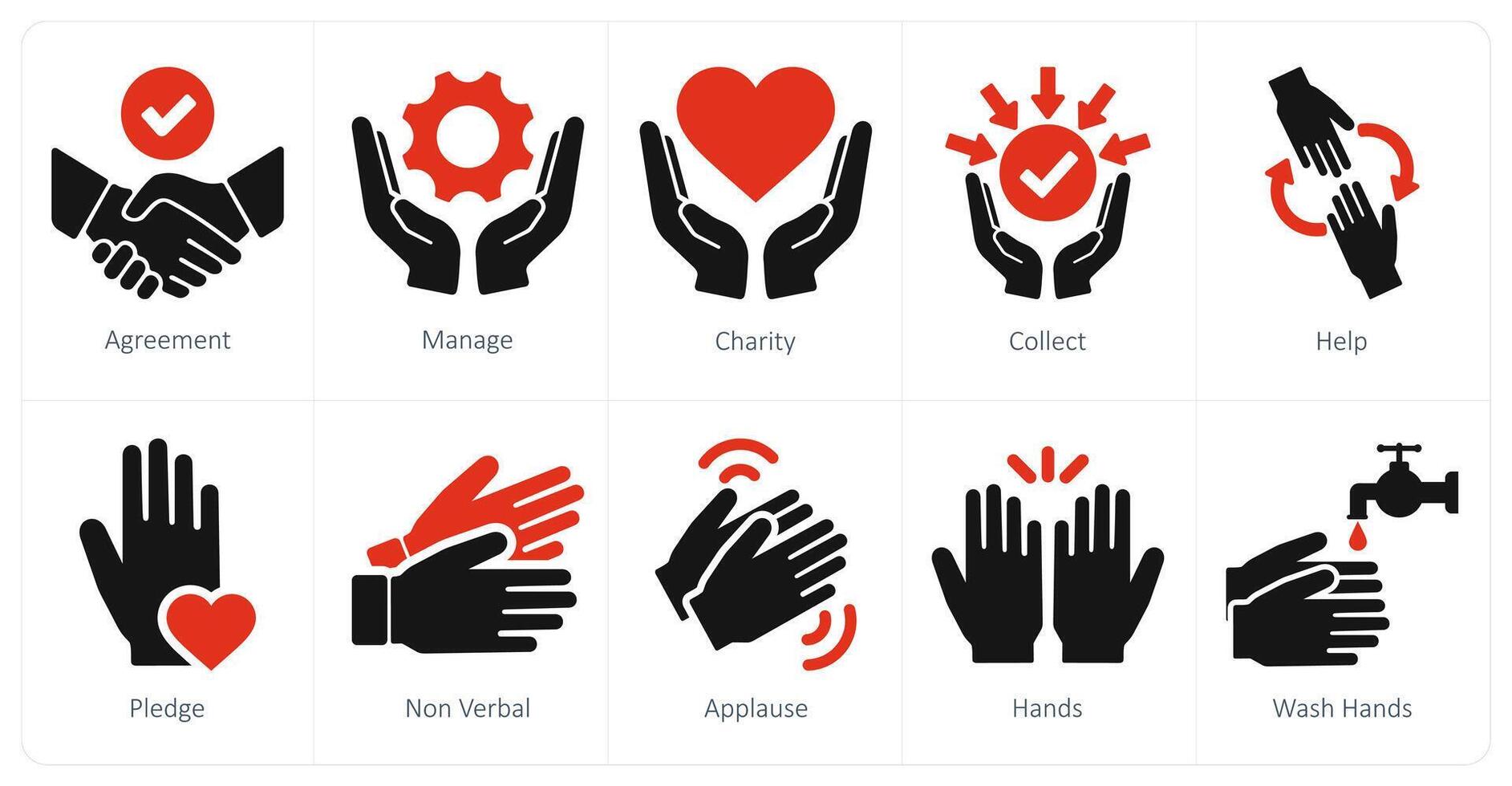 A set of 10 hands icons as agreement, manage, charity vector