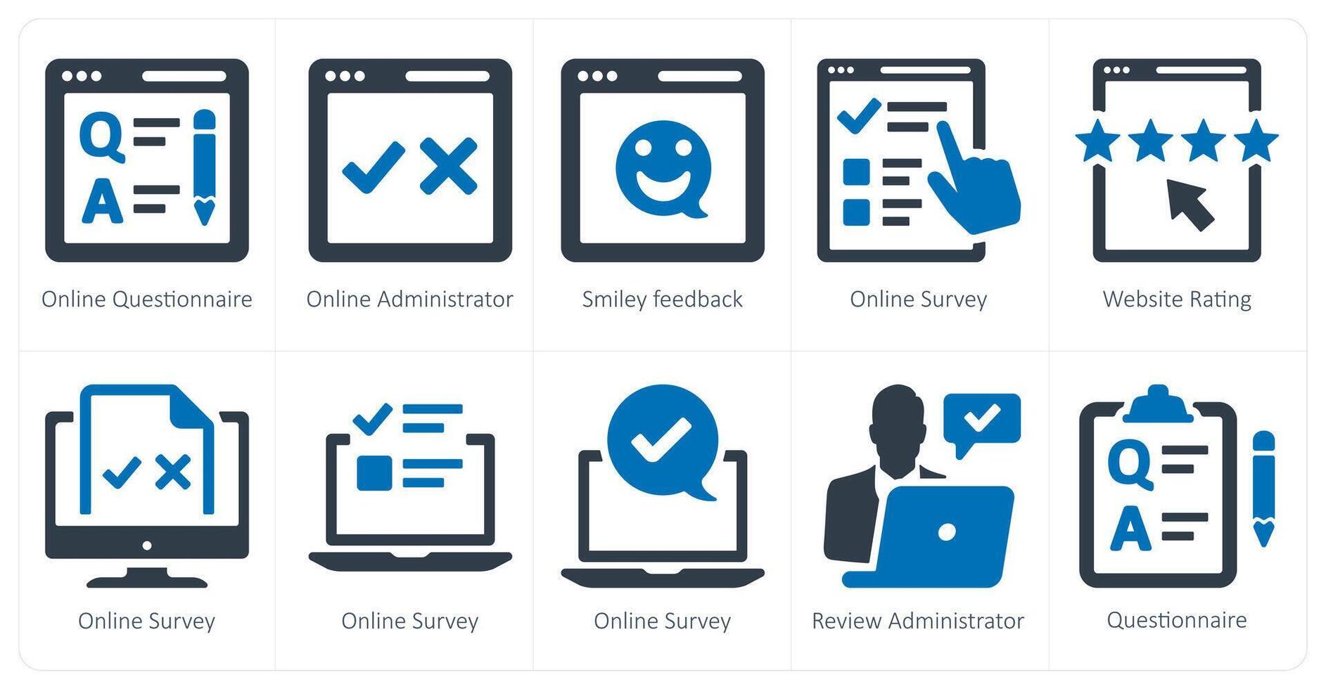 A set of 10 survey and ratings icons as online questionnaire, online adminsitrator, smiley feedback vector