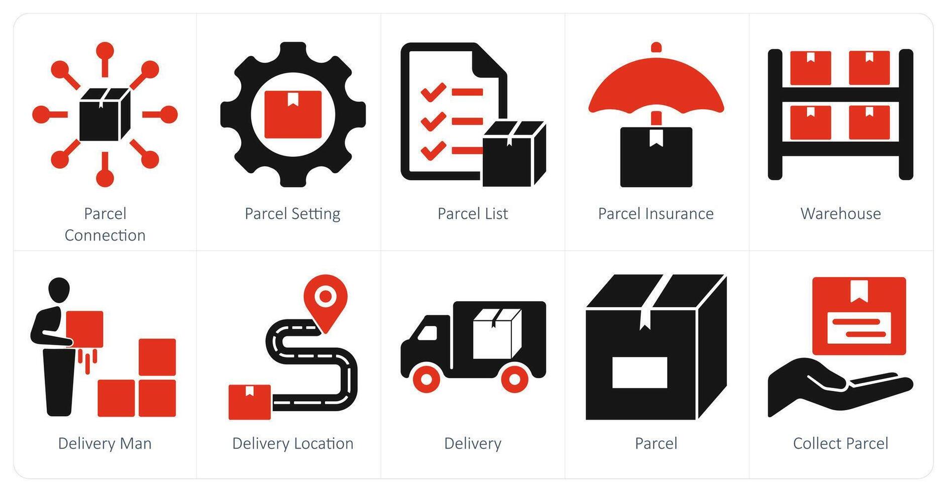 A set of 10 mix icons as parcel connection, parcel setting, parcel list vector