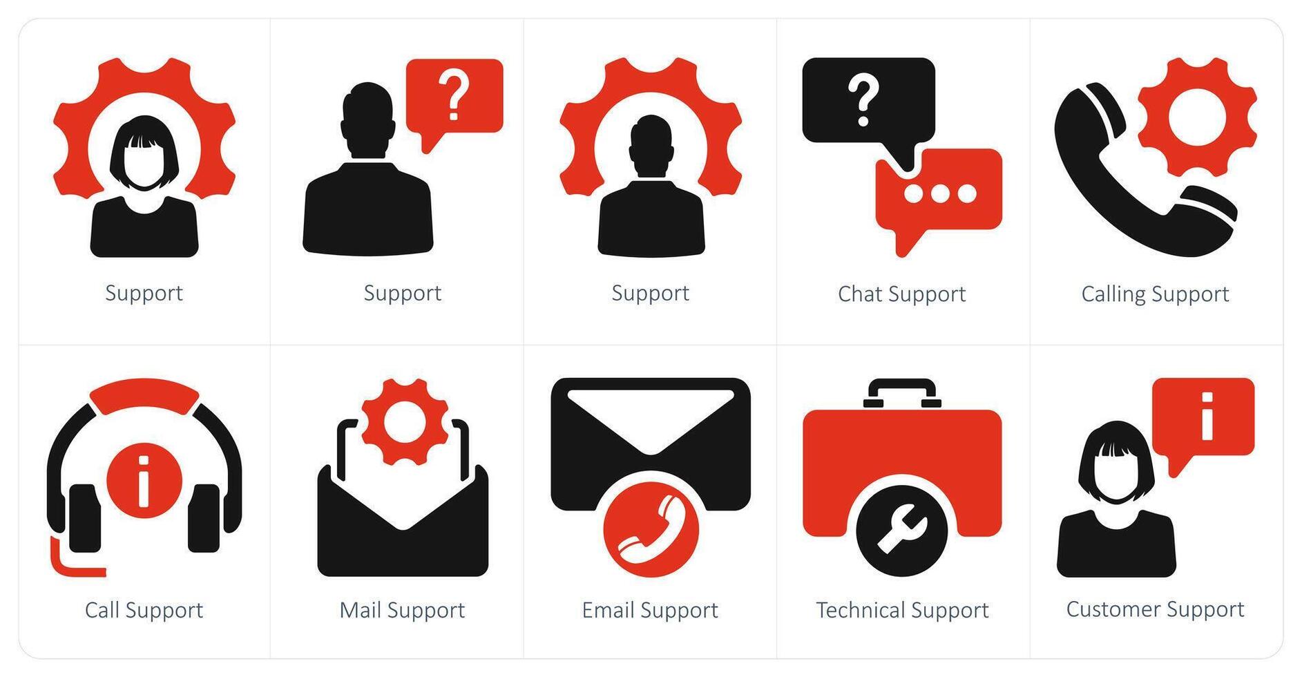 A set of 10 customer support icons as support, chat support, calling support vector