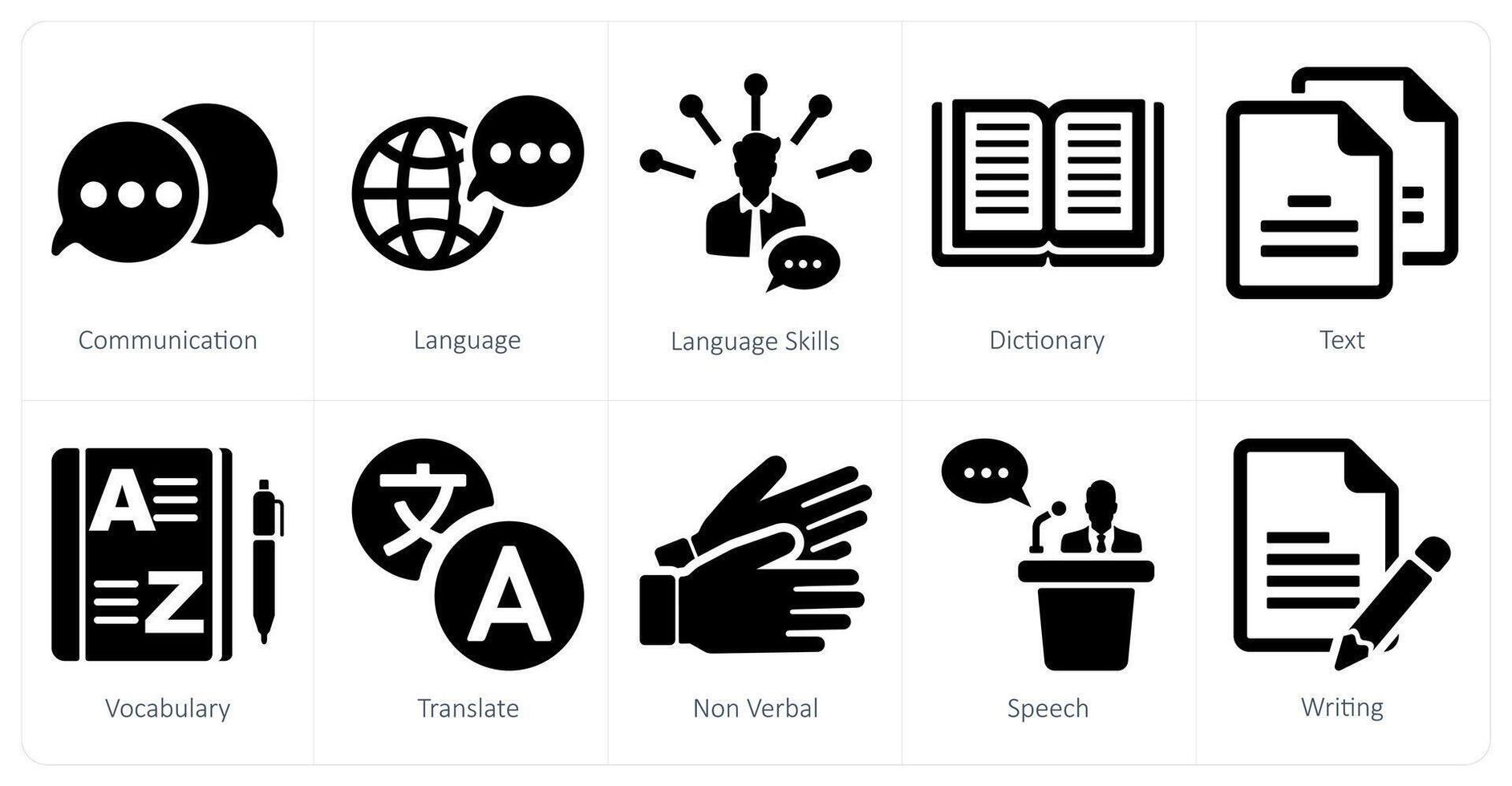 A set of 10 language icons as communication, language, language skills vector