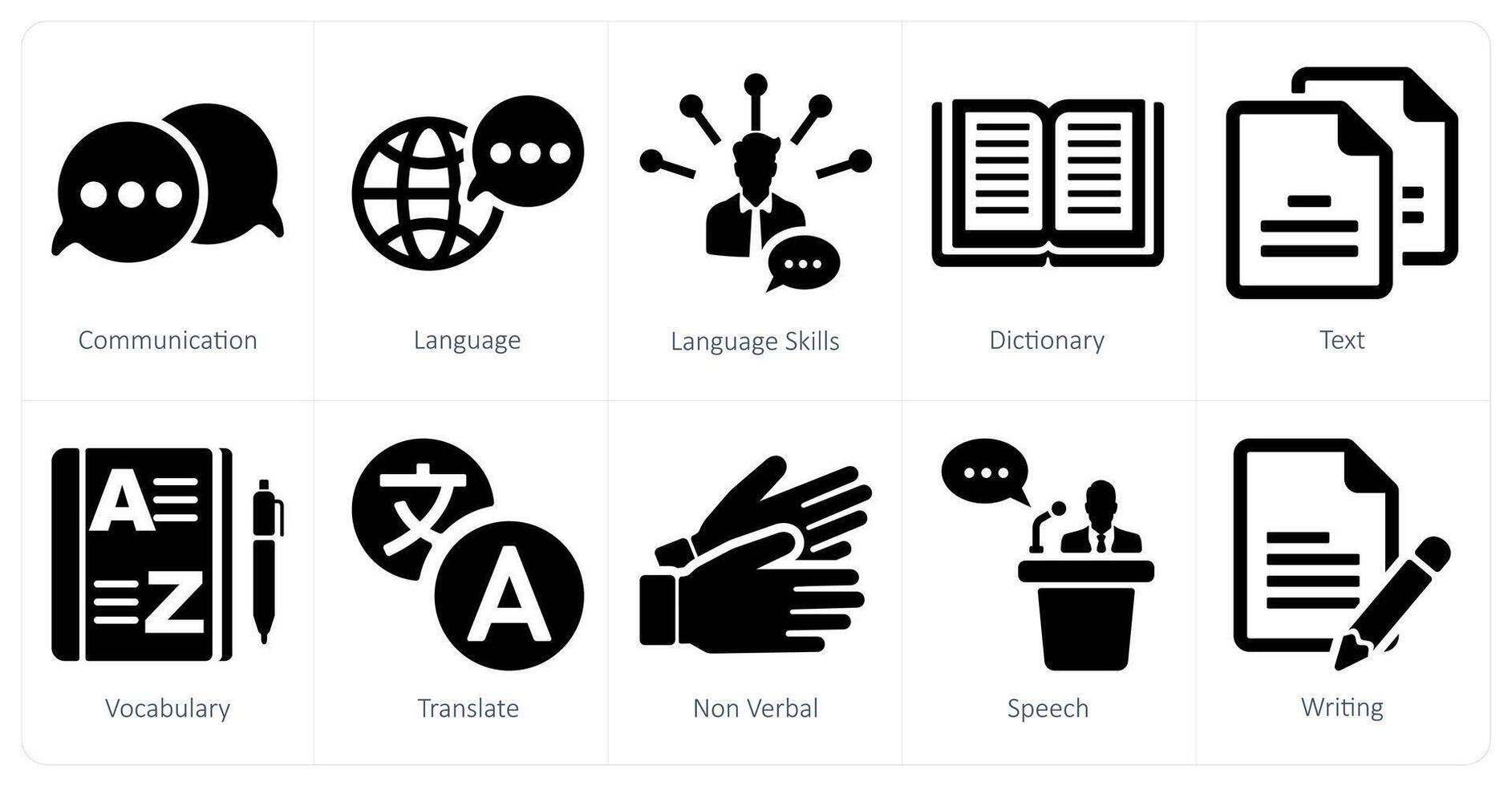 A set of 10 language icons as communication, language, language skills ...