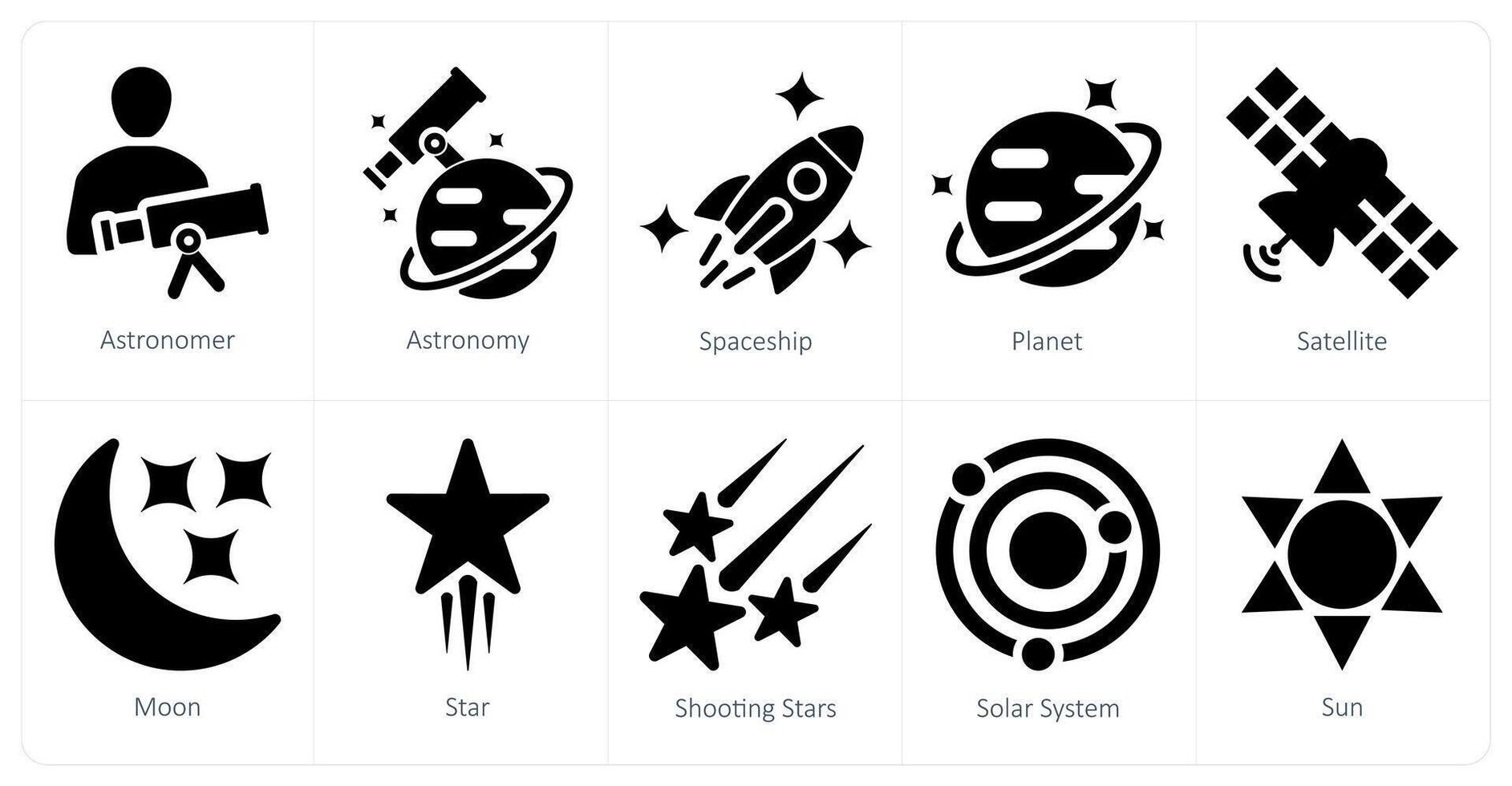 A set of 10 astronomy icons as astronomer, astronomy, spaceship vector