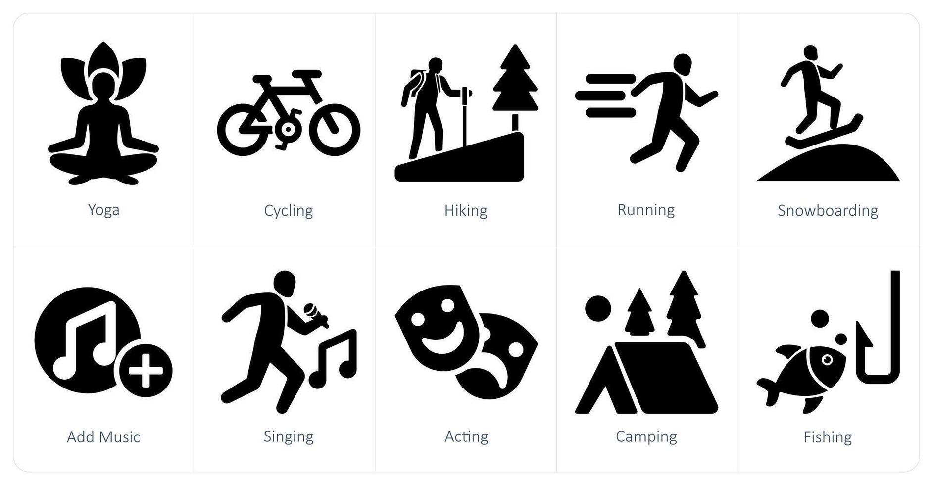 A set of 10 hobby icons as yoga, cycling, hiking vector