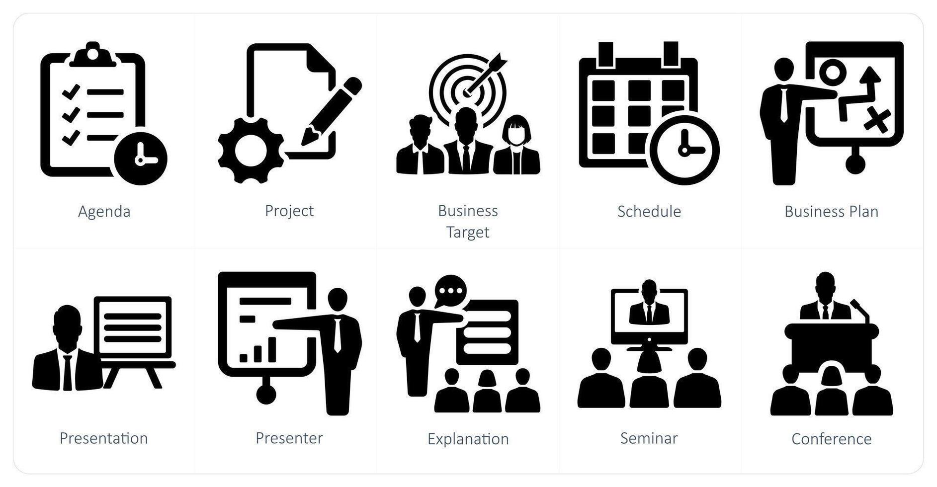 un conjunto de 10 negocio presentación íconos como agenda, proyecto, negocio objetivo vector