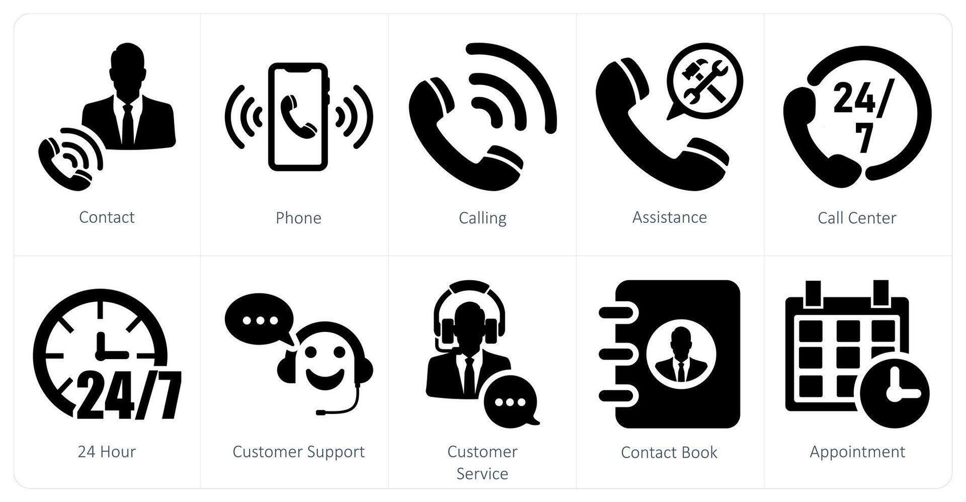 A set of 10 contact icons as contact, phone, calling vector