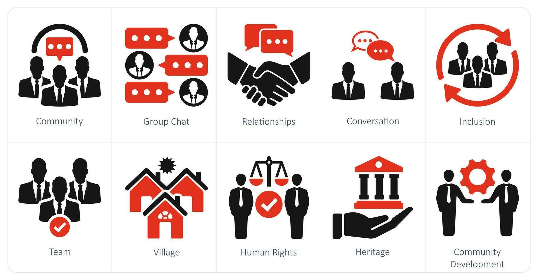 A set of 10 community icons as community, group chat, relationships vector