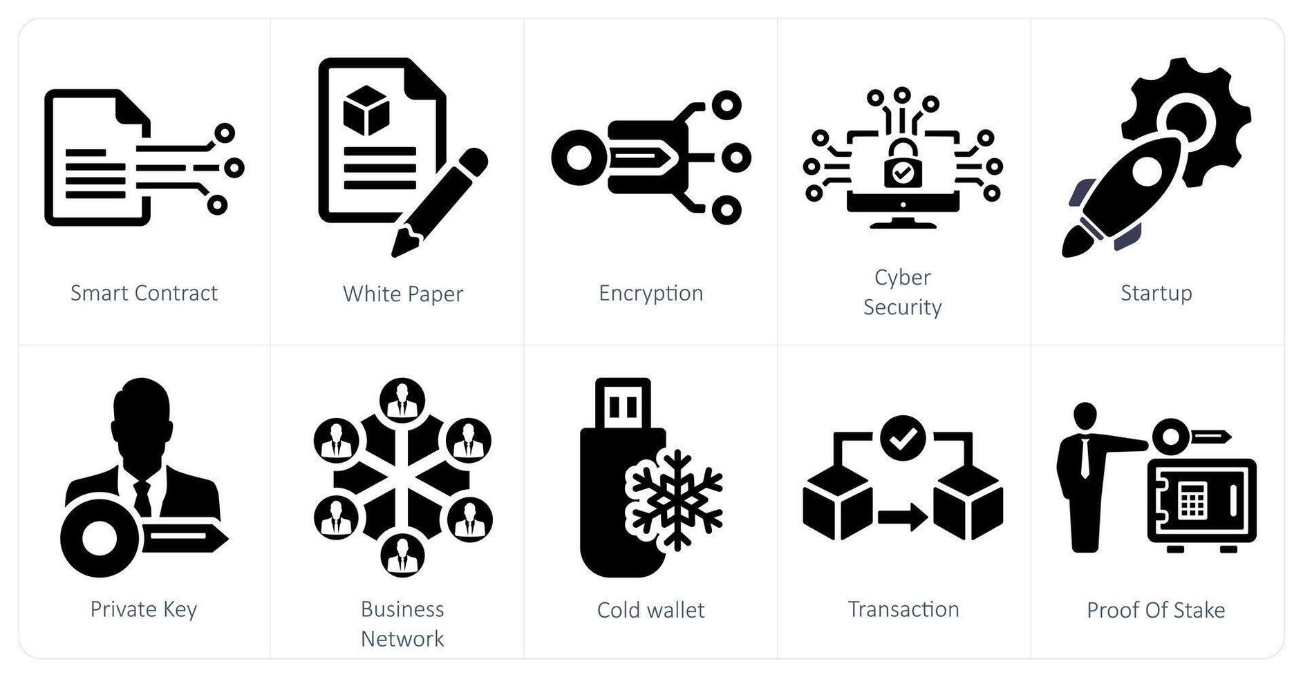 A set of 10 blockchain icons as smart contract, white paper, encryption vector