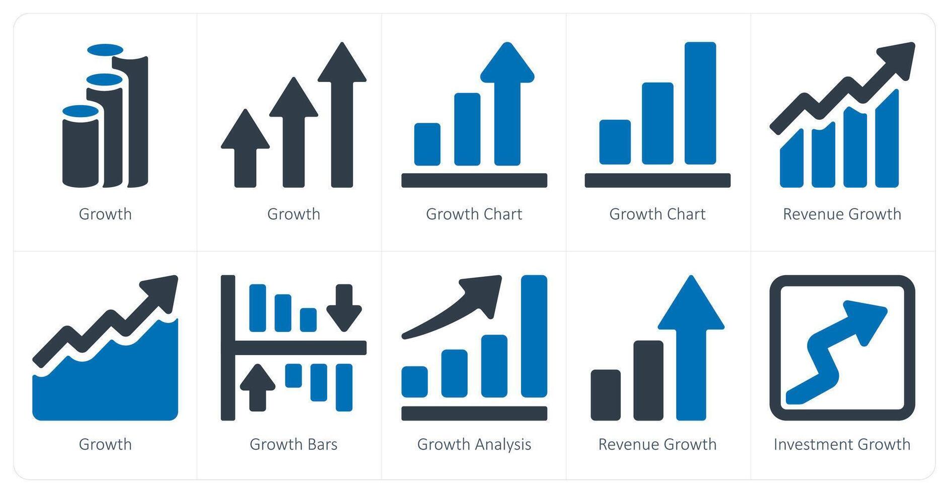 A set of 10 Diagrams and Reports icons as growth, growth chart, revenue growth vector