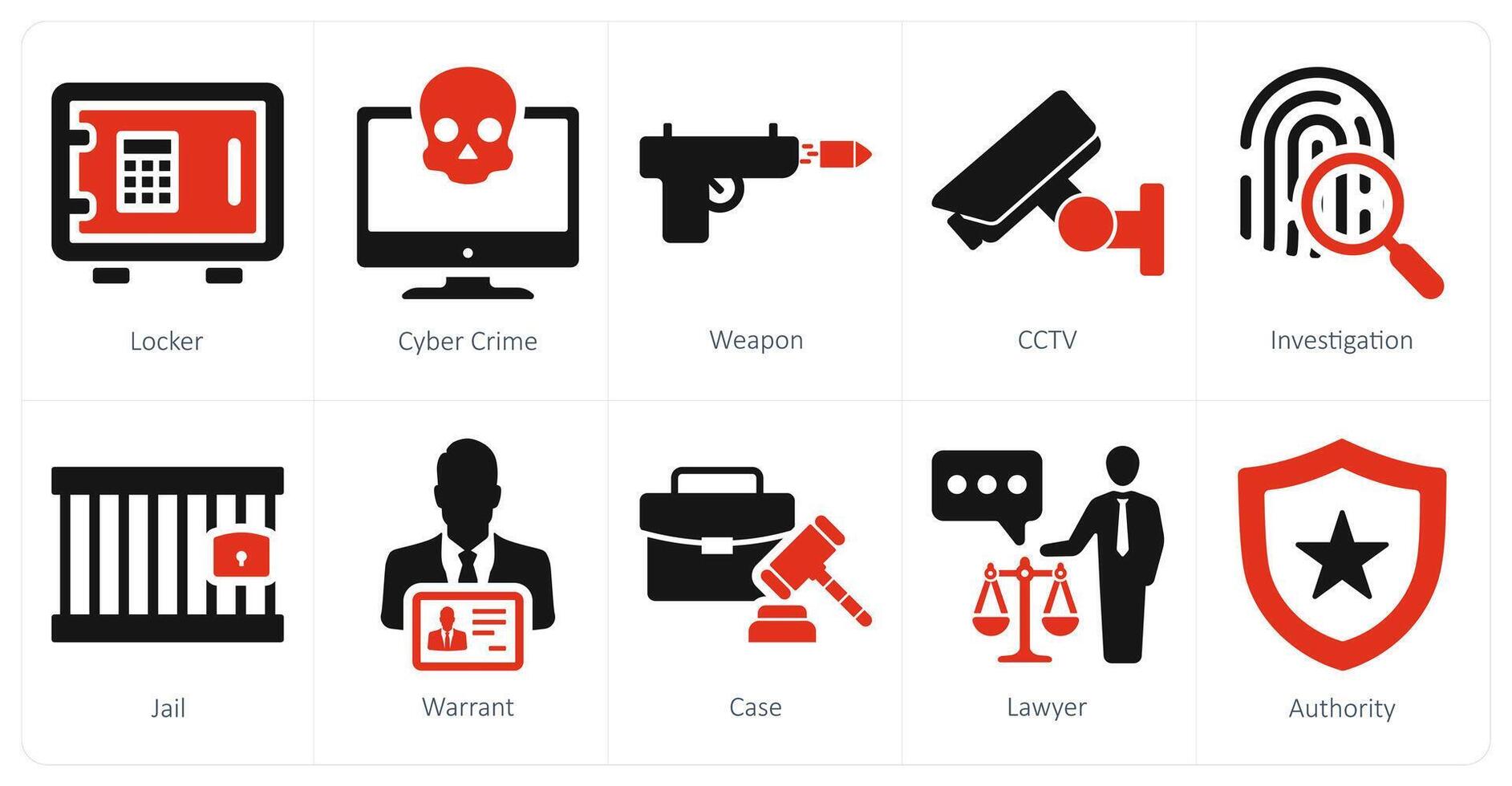 A set of 10 justice icons as locker, cyber crime, weapon vector