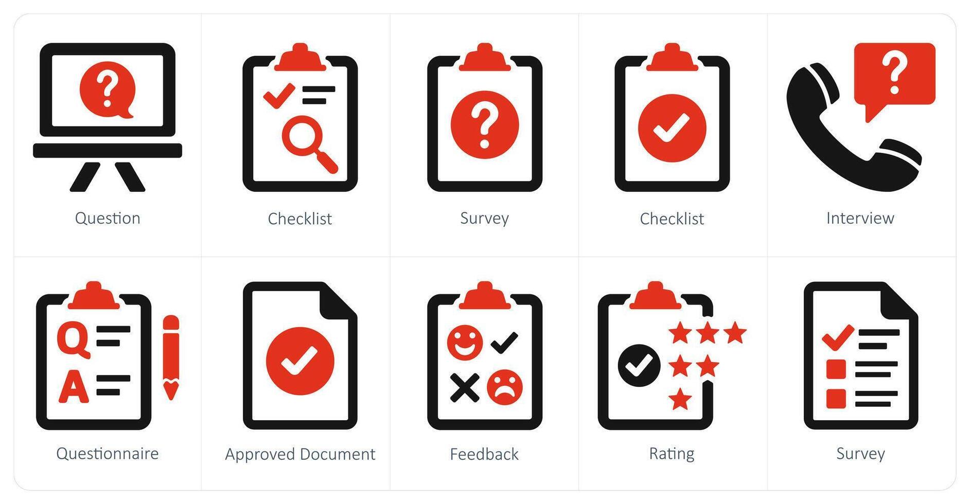 A set of 10 survey and rating icons as question, checklist, survey vector