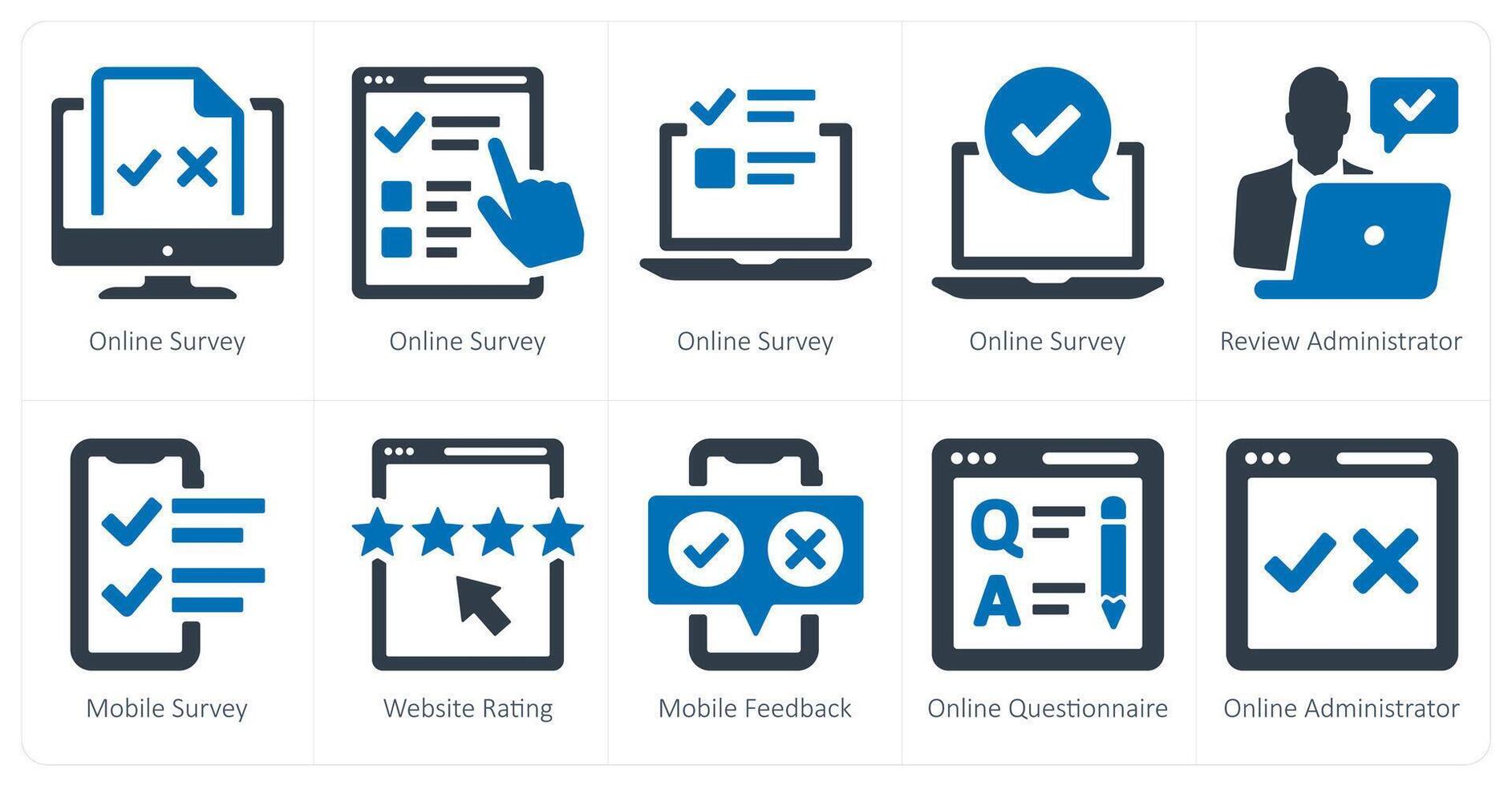 A set of 10 survey and ratings icons as online survey, review administrator, mobile survey vector