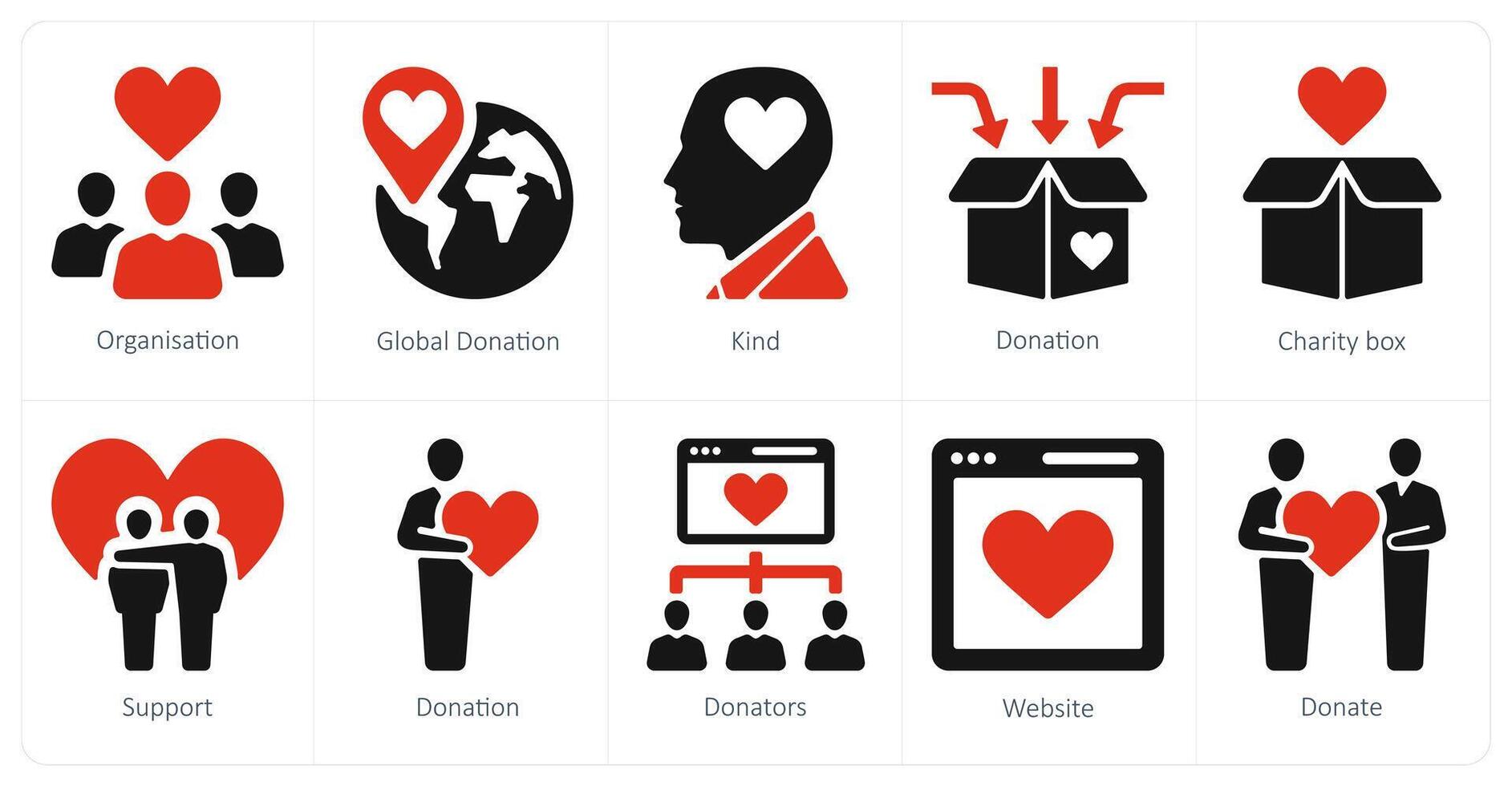 A set of 10 crowdfunding and donation icons as organisation, global donation vector