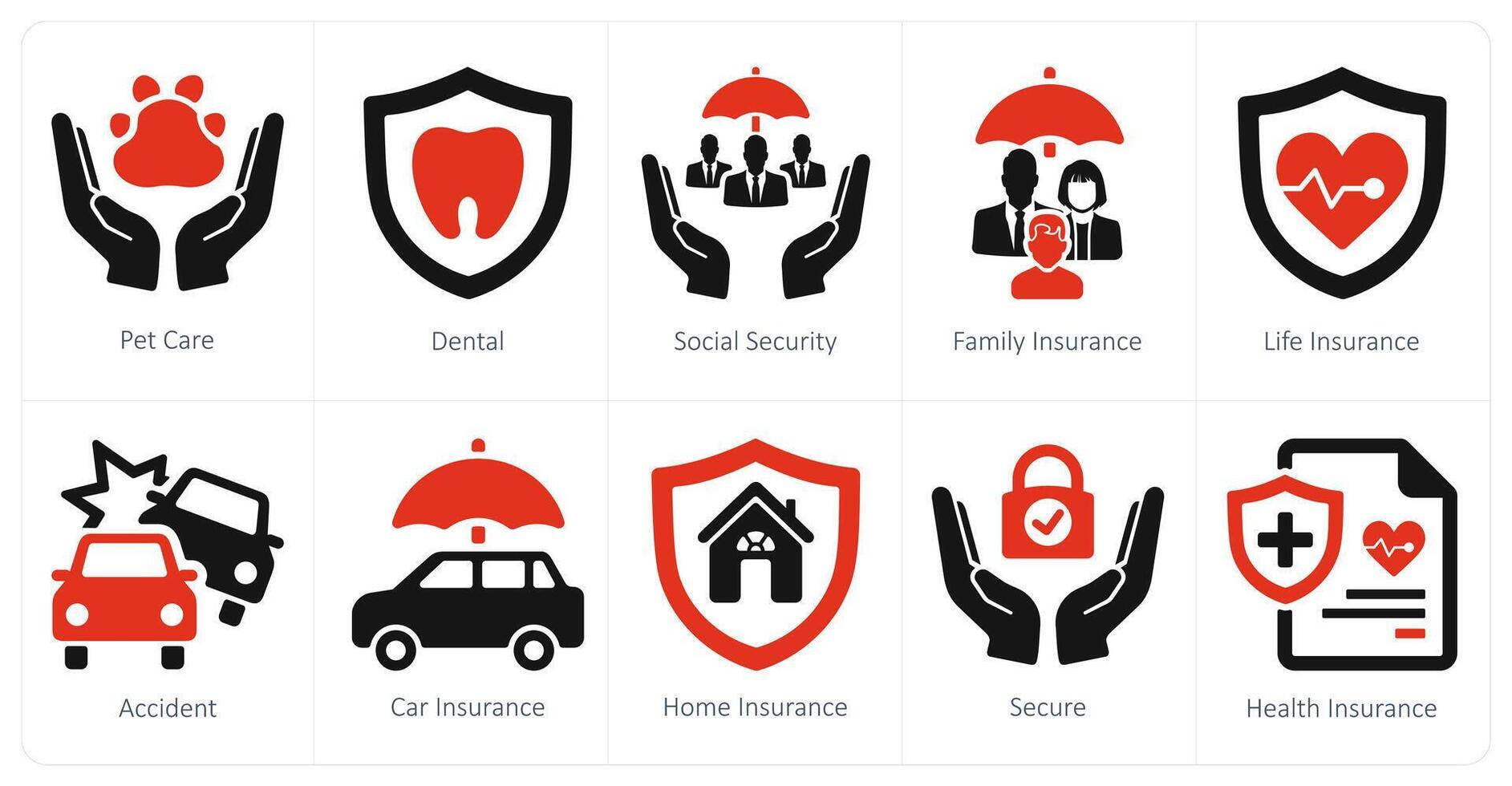 A set of 10 insurance icons as pet care, dental, social security vector