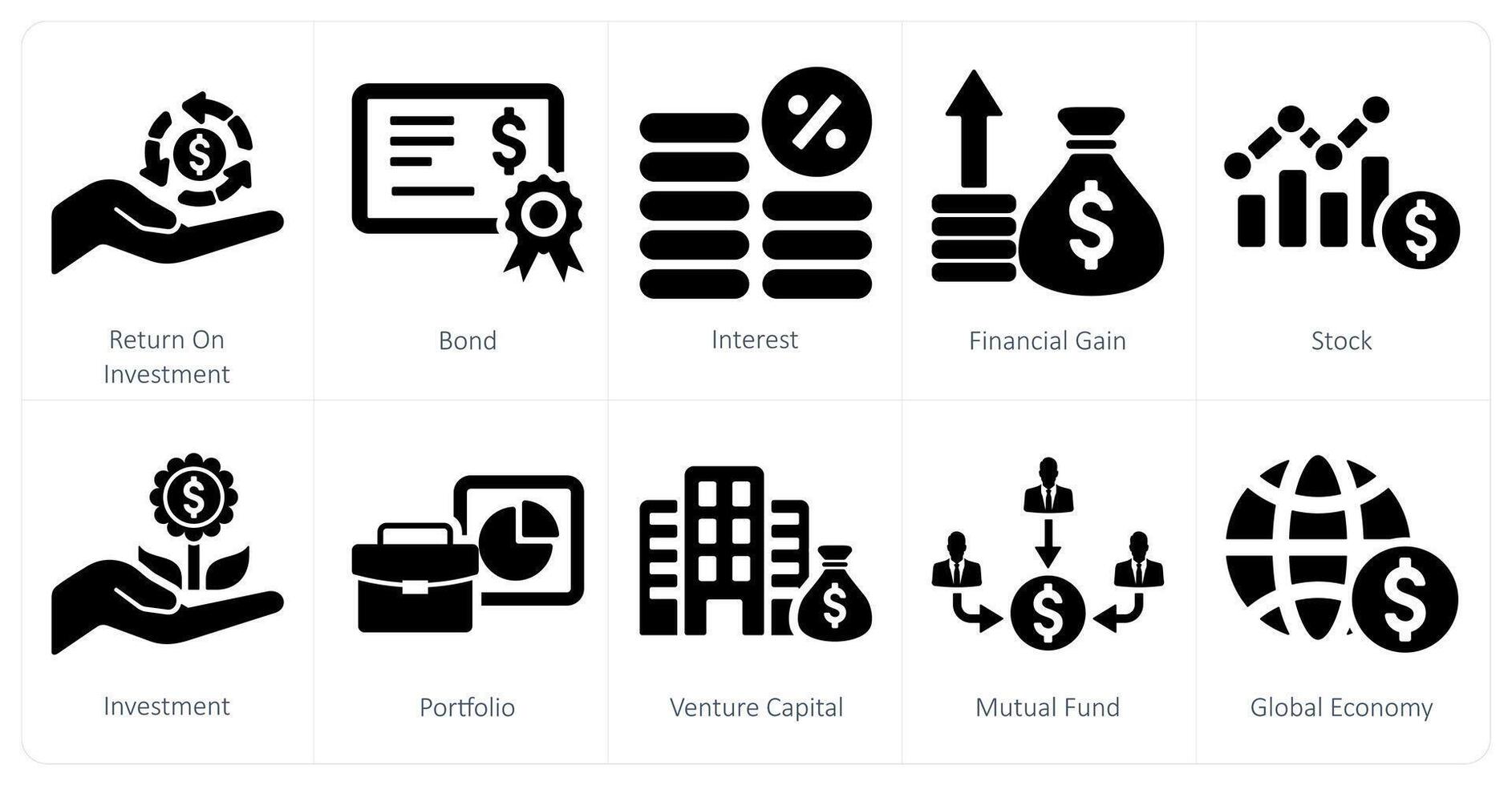 A set of 10 investment icons as return on investment, bond, interest vector