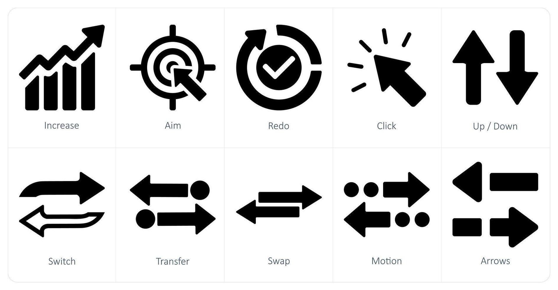 un conjunto de 10 flechas íconos como aumentar, apuntar, rehacer vector