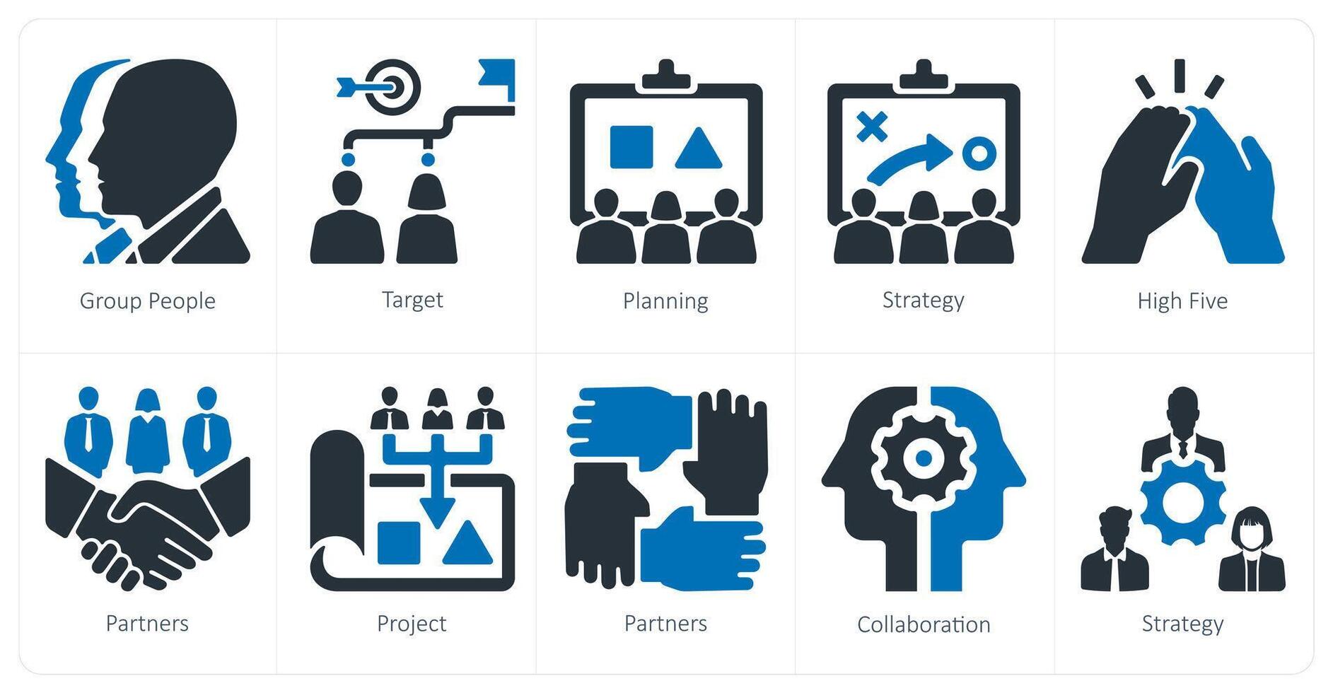 A set of 10 Teamwork icons as group people, target, planning vector