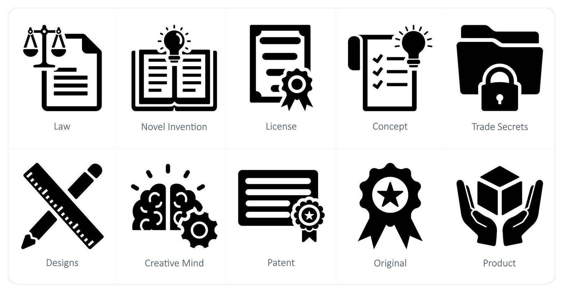 A set of 10 intellectual property icons as law, novel invention, license vector