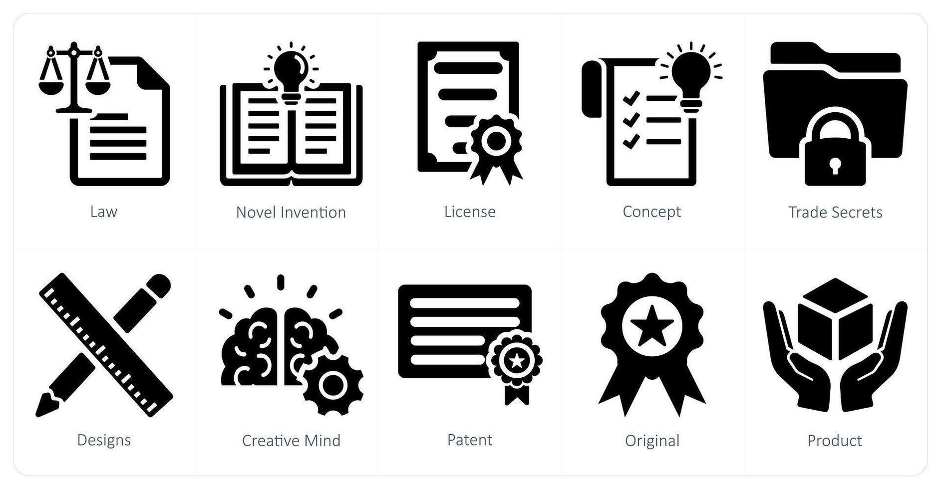 un conjunto de 10 intelectual propiedad íconos como ley, novela invención, licencia vector