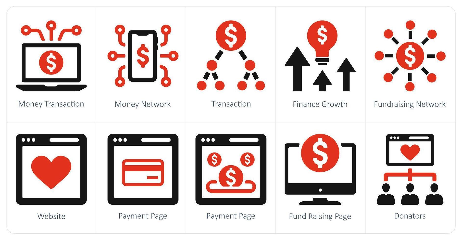 A set of 10 crowdfunding and donation icons as money transation, money network, transaction vector