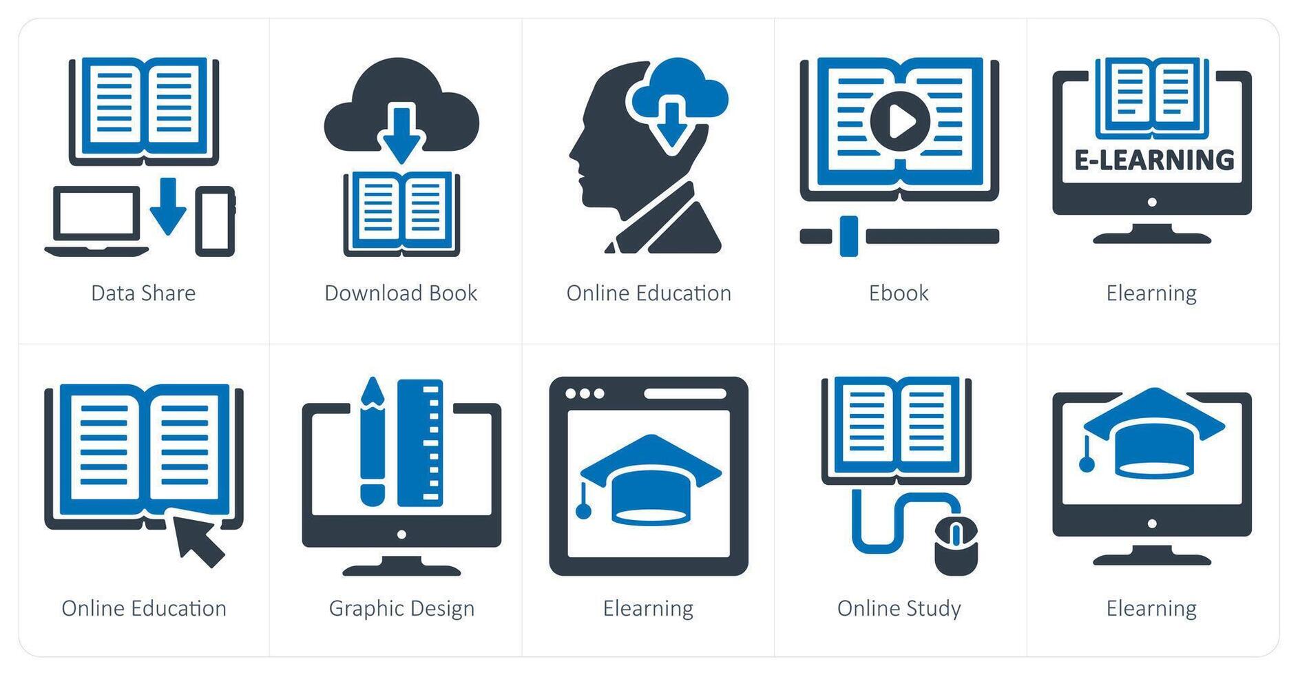 A set of 10 onlineeducation icons as data share, download book, onlineeducation vector