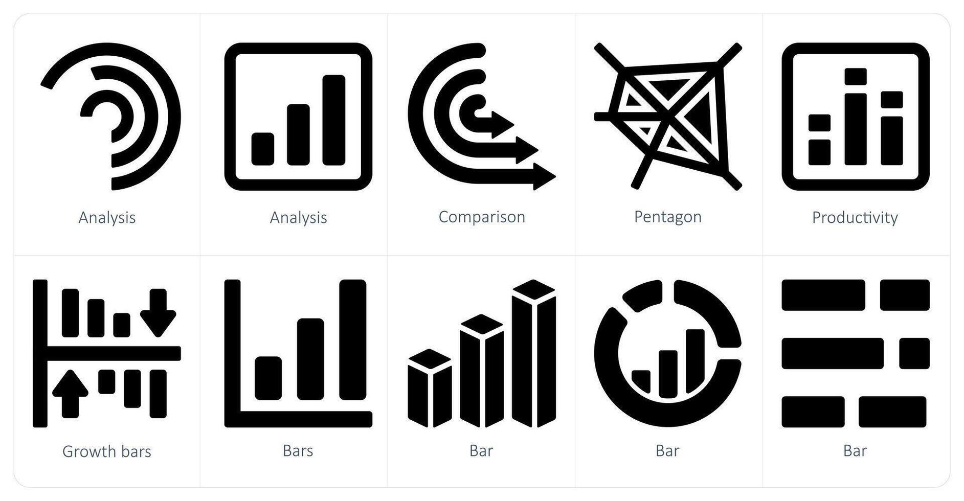 un conjunto de 10 diagramas y informes íconos como análisis, comparación, pentágono vector