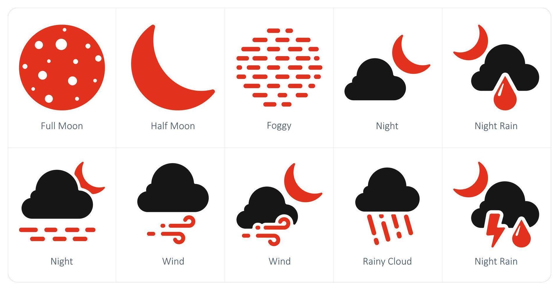 un conjunto de 10 clima íconos como lleno luna, medio luna, brumoso vector