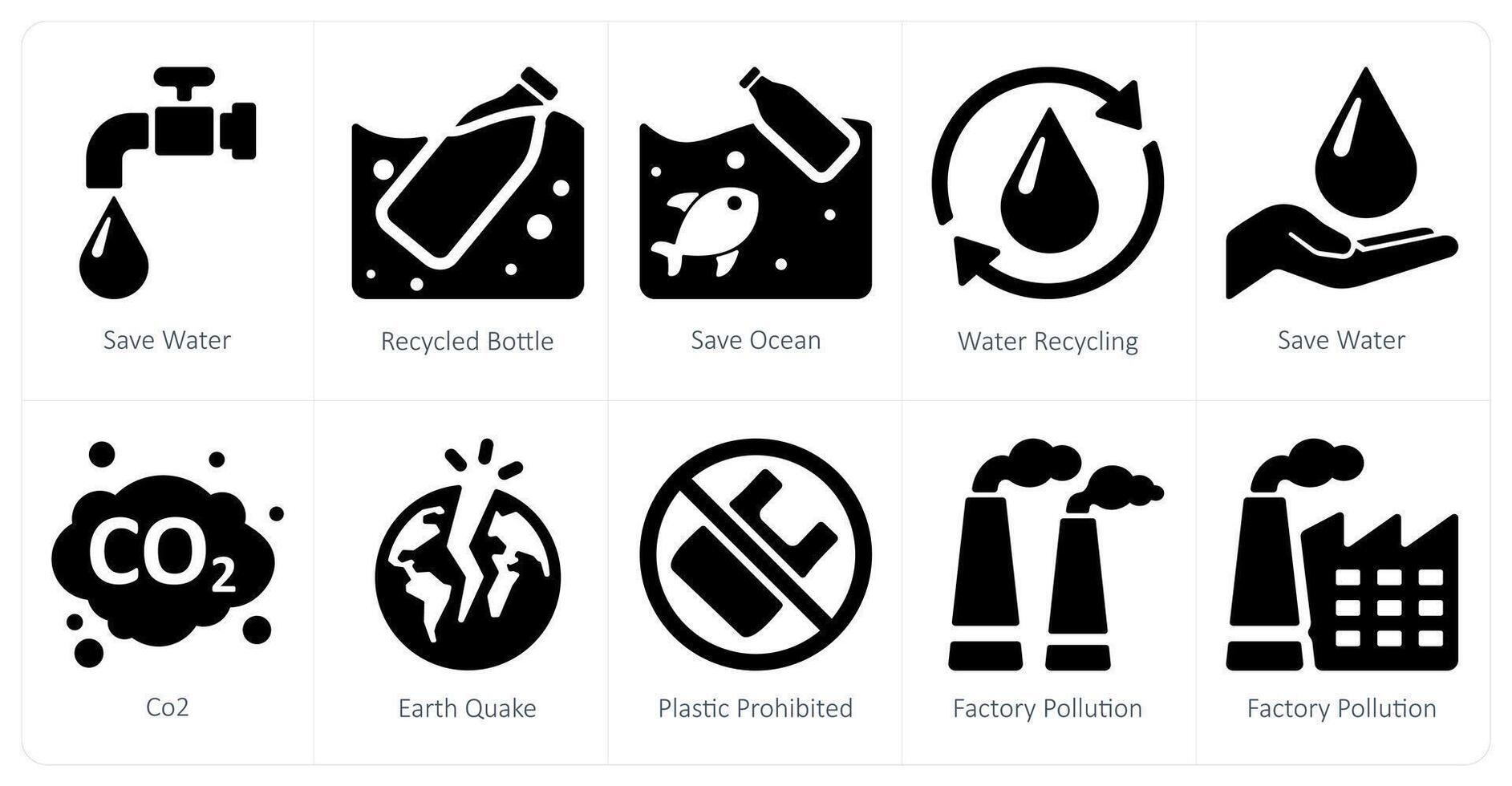 A set of 10 Ecology icons as save water, recycled bottle, save ocean vector