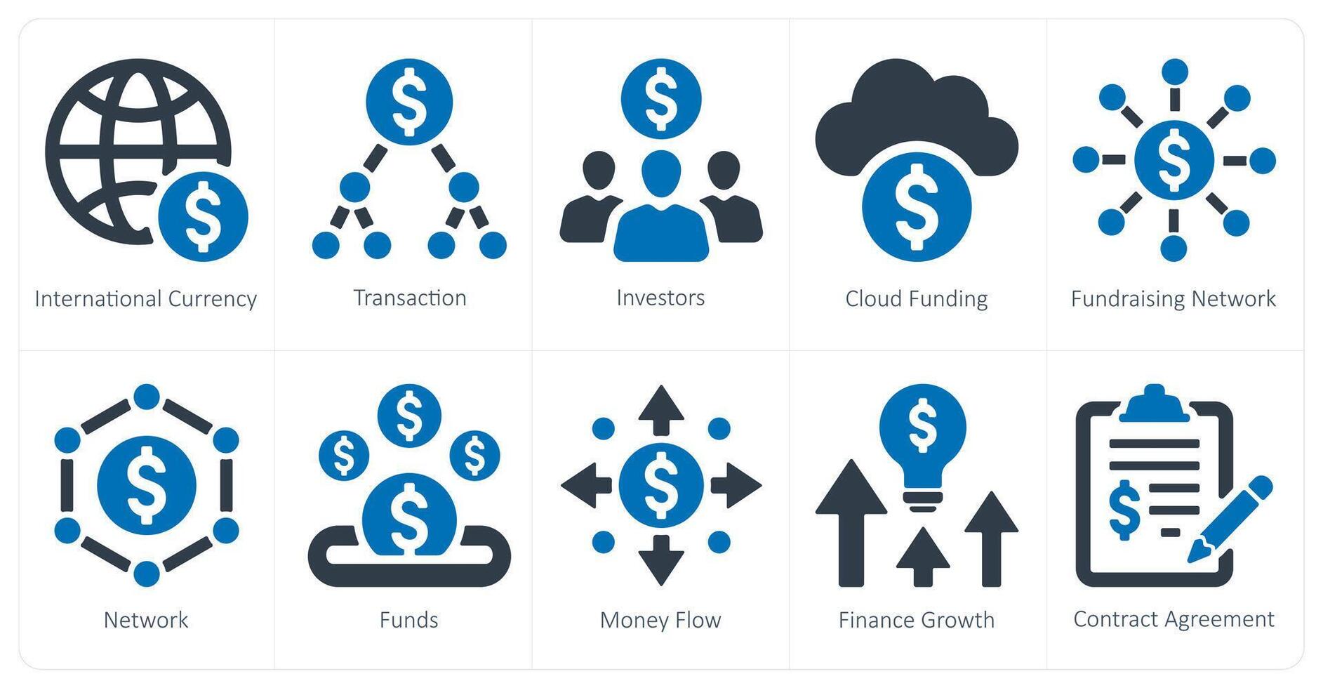 A set of 10 crowdfunding icons as international currency, transation, investors vector