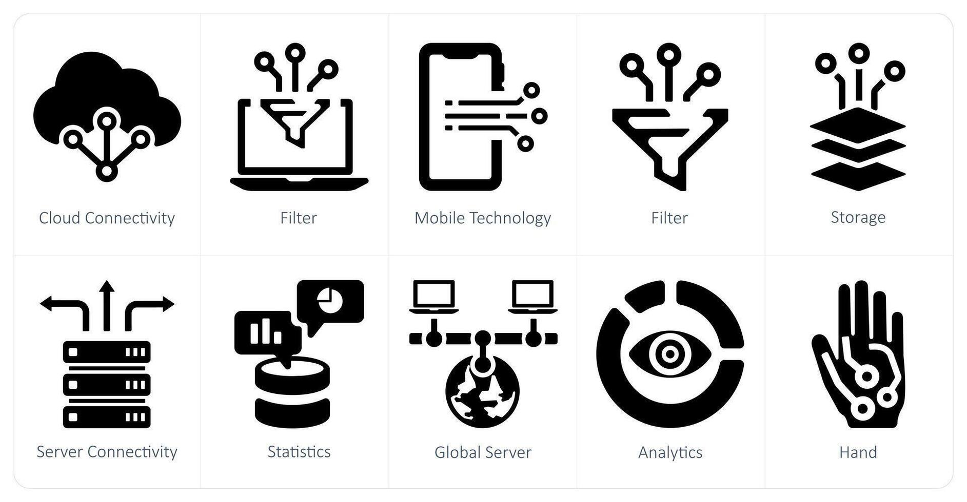 un conjunto de 10 grande datos íconos como nube conectividad, filtrar, móvil tecnología vector