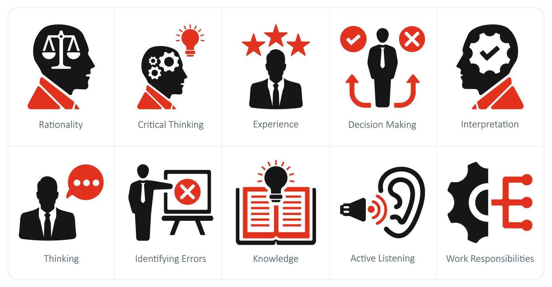 A set of 10 critical thinking icons as rationality, critical thinking, experience vector