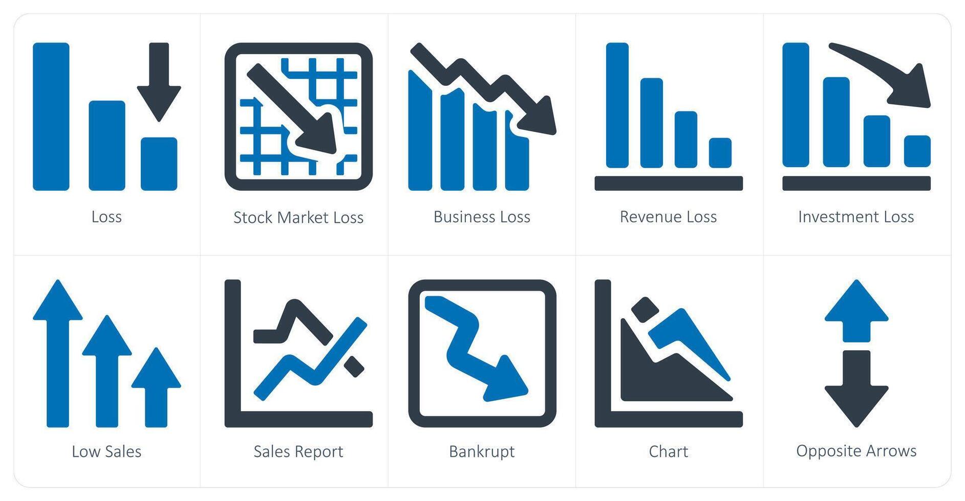 A set of 10 Diagrams and Reports icons as loss, stock market loss, business loss vector