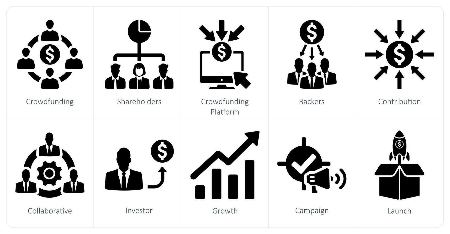 A set of 10 crowdfunding icons as crowdfunding, shareholders, crowdfunding platform vector