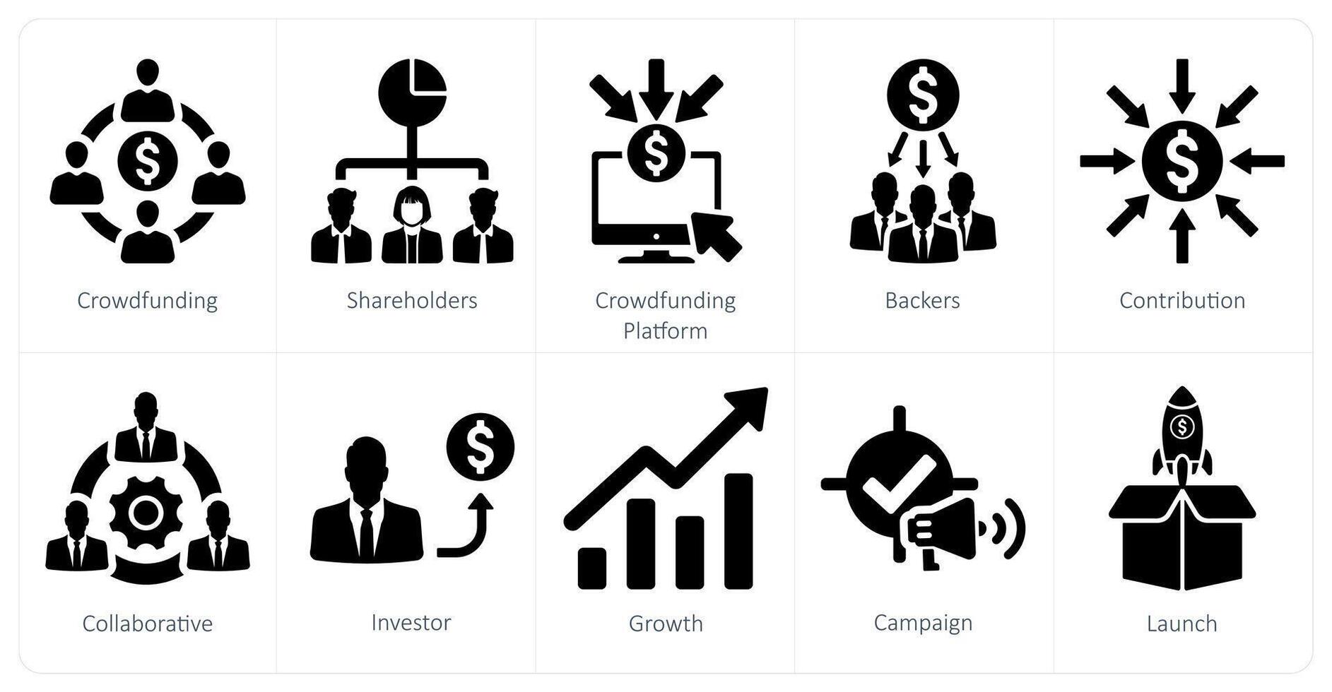 un conjunto de 10 recaudación de fondos íconos como recaudación de fondos, accionistas, recaudación de fondos plataforma vector