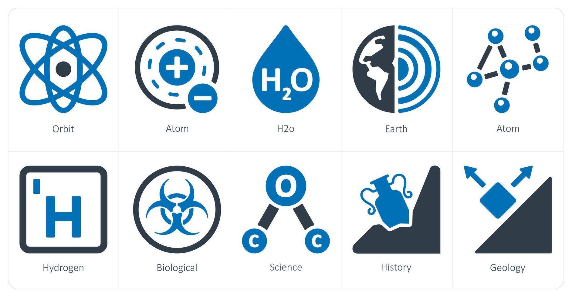 A set of 10 Science and Experiment icons as orbit, atom, h2o, vector