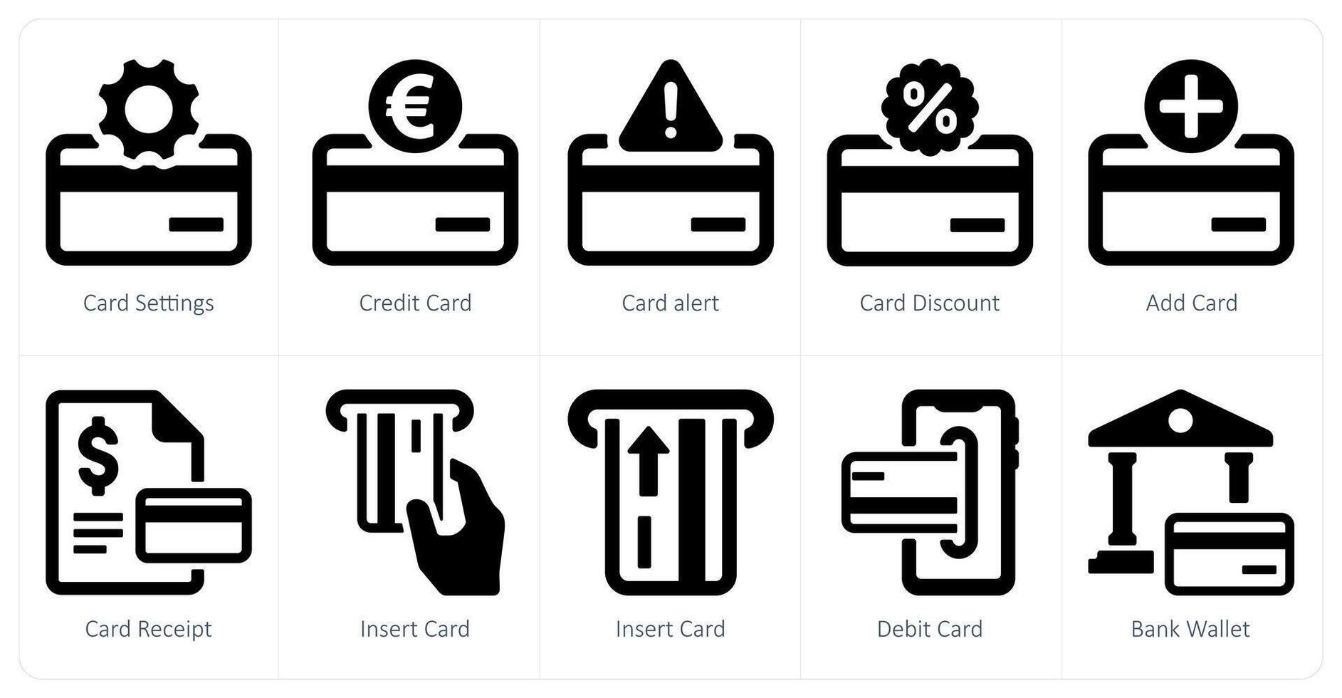 A set of 10 finance icons as card settings, credit card, card alert vector