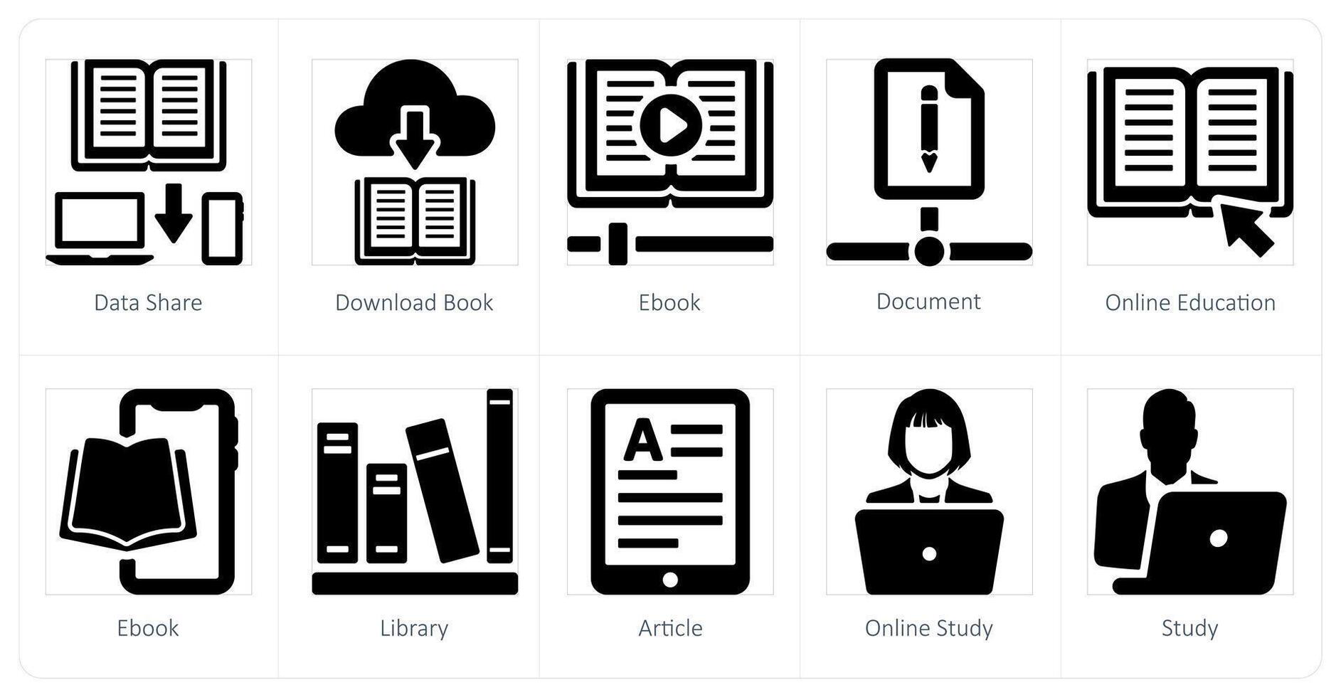 A set of 10 online education icons as data sharem download book, e book vector