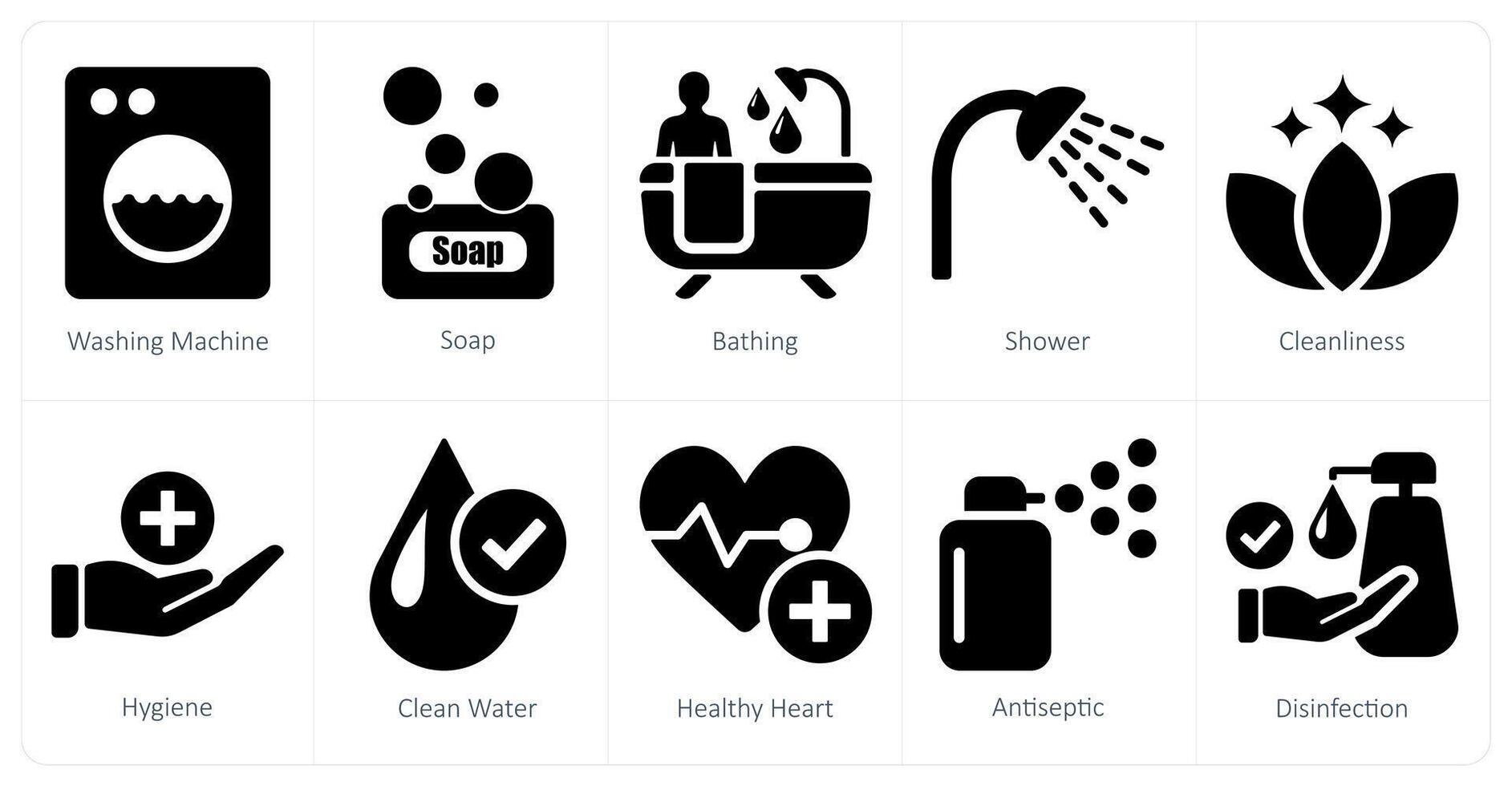 A set of 10 hygiene icons as washing machine, soap, bathing vector